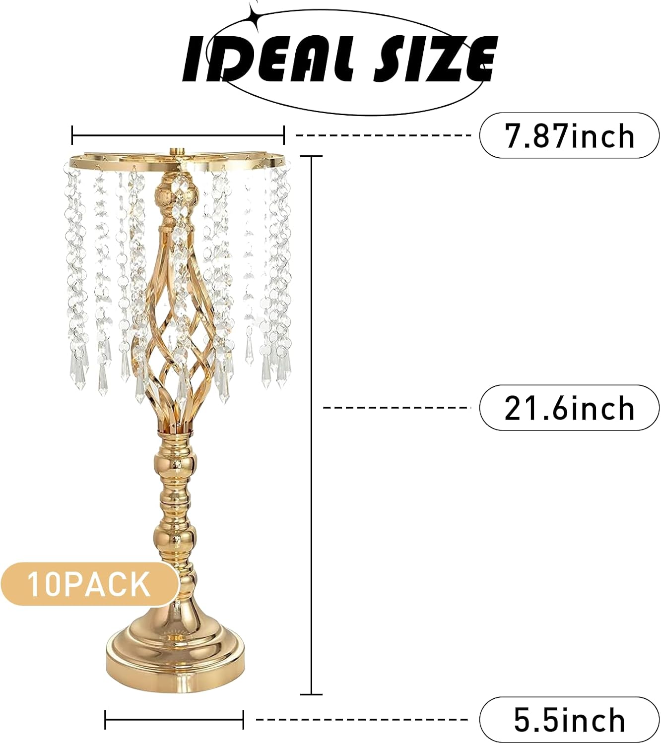 10 Pcs 21.7 Inch Gold Crystal Flower Stand Wedding Centerpieces for Table, Tall Metal Flower Arrangement Stand with Metal Chandelier Tabletop for Event, Birthday, Home Decor