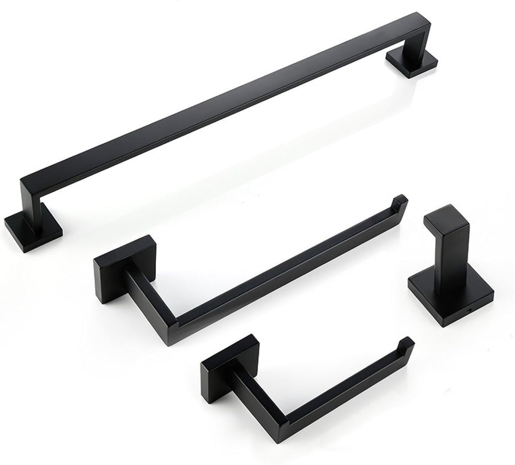 Kitchen and Bathroom Rack Black Towel Rod Bath Towel Hook Towel Rack, Square Black 4-Piece Set