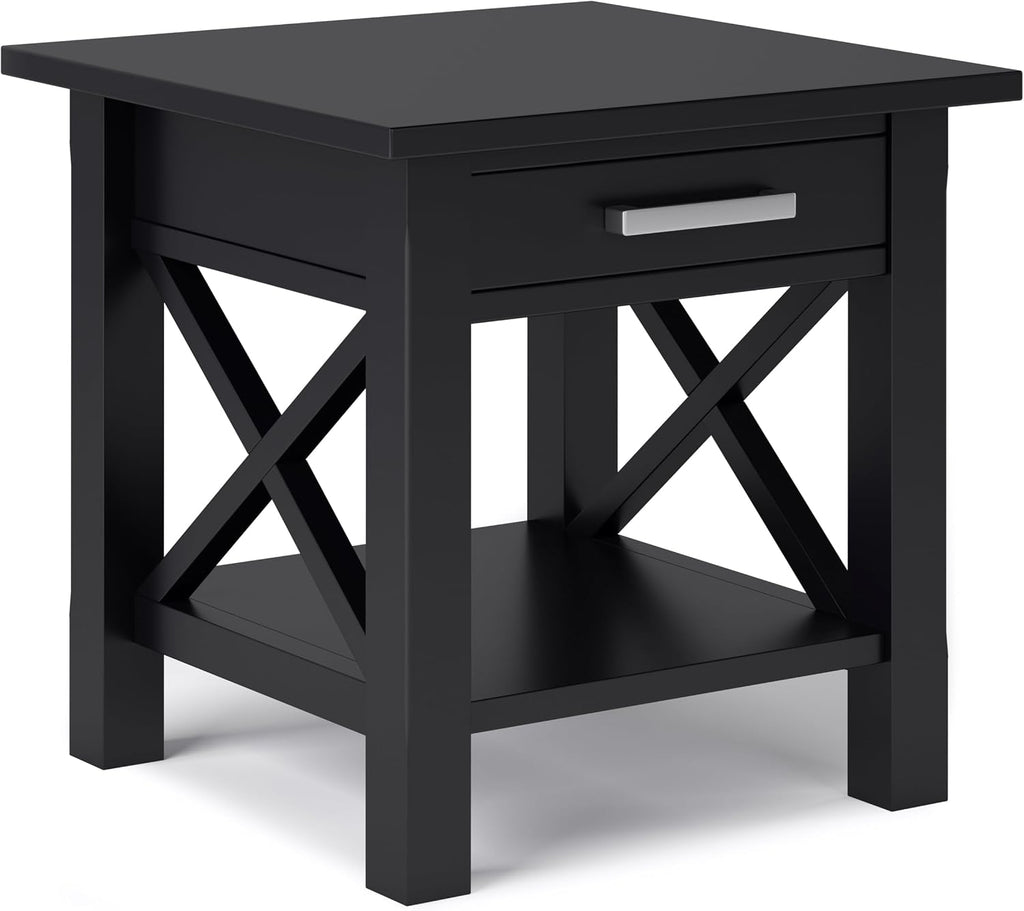 SIMPLIHOME Kitchener End Table - 21 inch Wide Solid Wood Square Accent Table with Drawer and Open Shelf in Black, Contemporary Nightstand or Lamp Stand with X-Design for Living Room or Bedroom