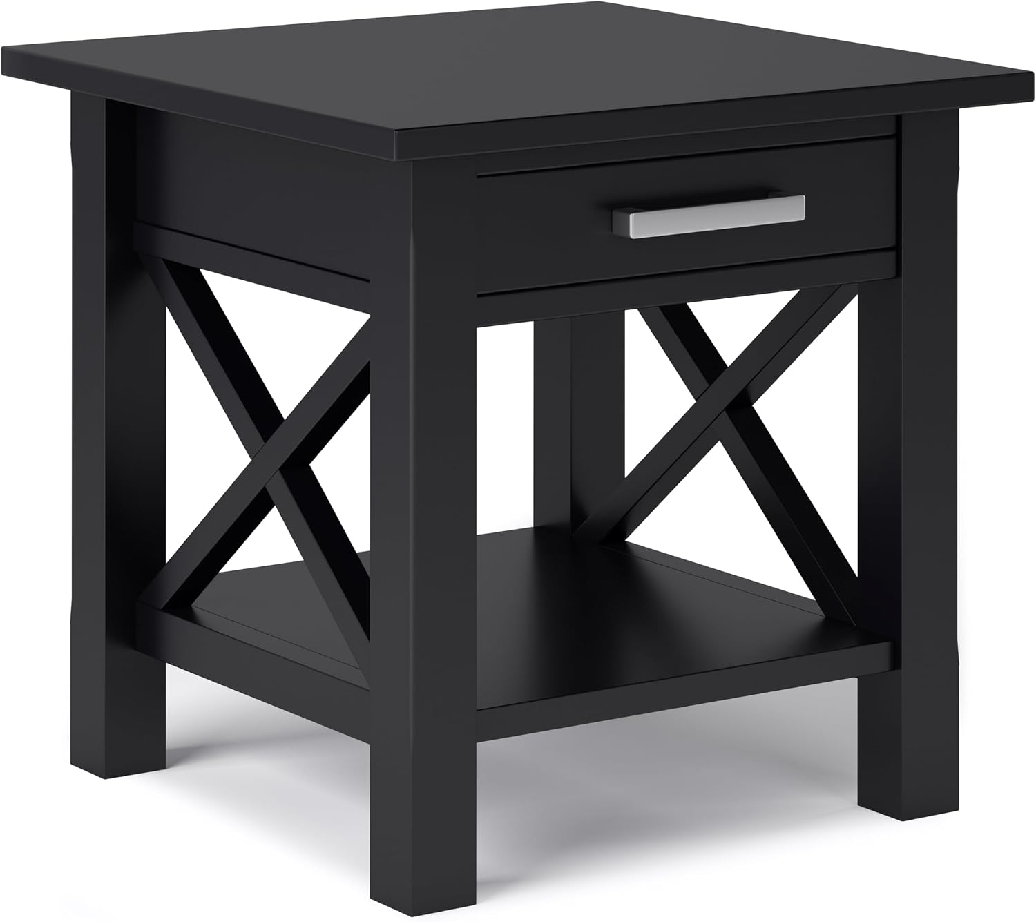 SIMPLIHOME Kitchener End Table - 21 inch Wide Solid Wood Square Accent Table with Drawer and Open Shelf in Black, Contemporary Nightstand or Lamp Stand with X-Design for Living Room or Bedroom