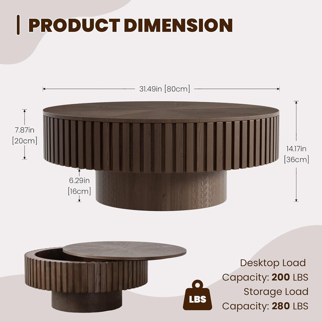 Round Drum Coffee Table with Storage for Living Room, Mid Century Modern Coffee Table with Sturdy Pedestal, Farmhouse Fluted Circle Center Table Accent Tea Table (31.5' Brown with Storage)