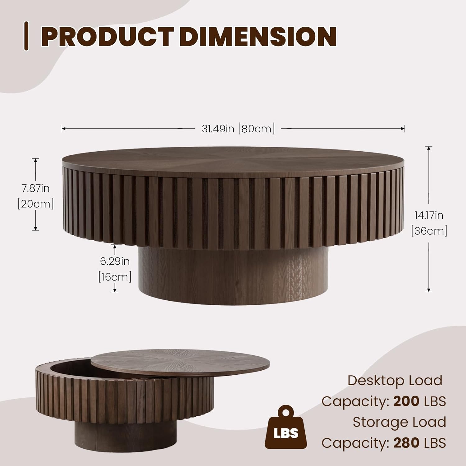 Round Drum Coffee Table with Storage for Living Room, Mid Century Modern Coffee Table with Sturdy Pedestal, Farmhouse Fluted Circle Center Table Accent Tea Table (31.5' Brown with Storage)