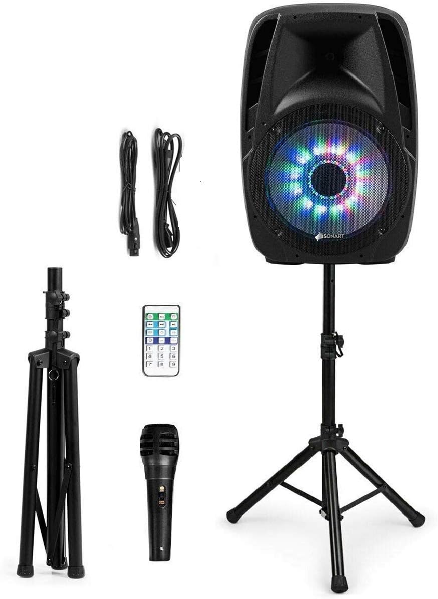 Sonart 15' 1500W Powered Speakers, 2-Way Full Range Portable PA Speaker System Combo Set With Stands/Illuminating Light/Microphone/EQ/USB/Bluetooth