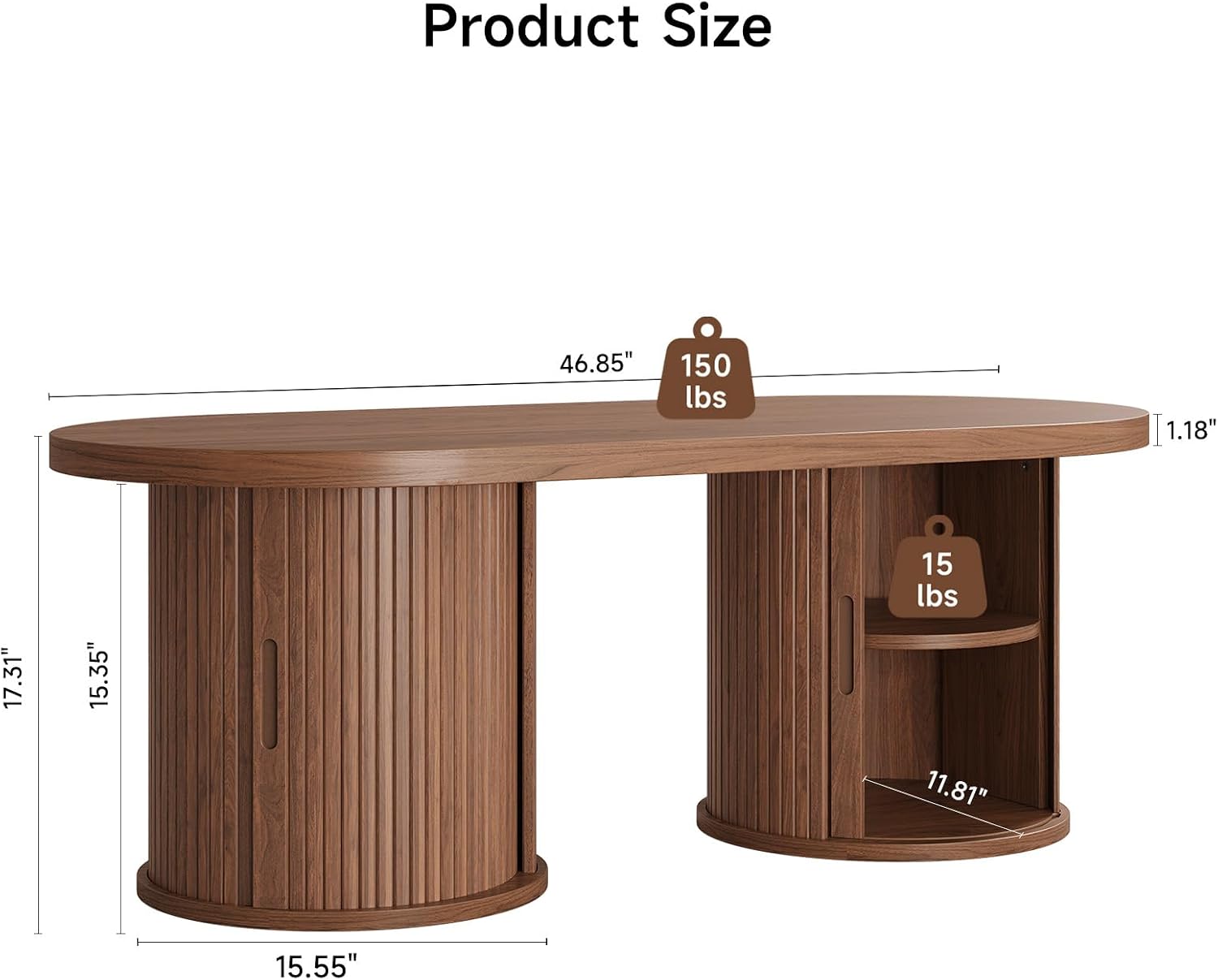 ONBRILL 47' Fluted Coffee Table, Oval Coffee Table with 2 Storage Legs, Mid-Century Modern Center Tables with Sliding Doors, Coffee Tables for Living Room, Walnut