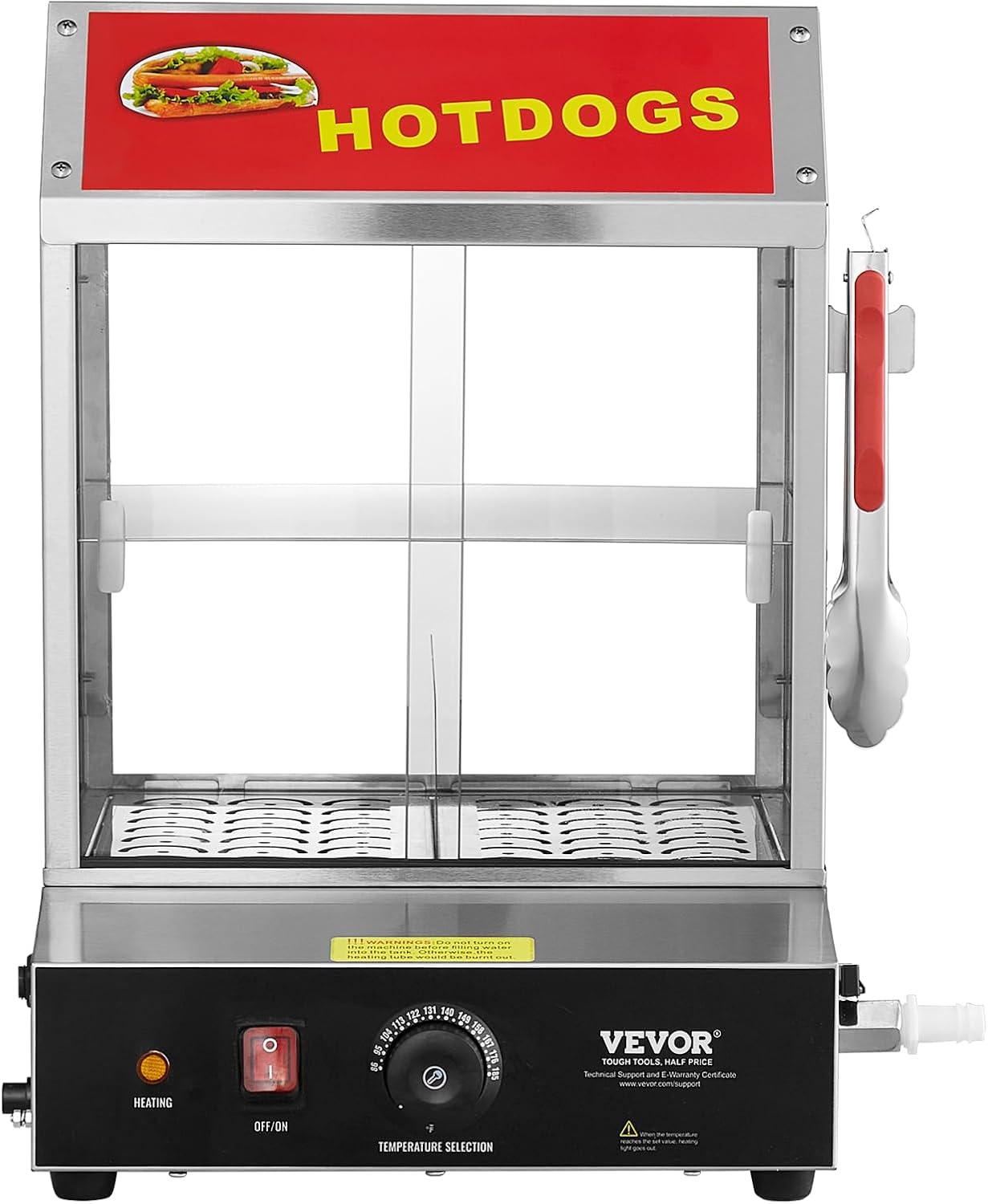 VEVOR Hot Dog Steamer, 28.5QT, 2-Tier Hot Dog Hut Steamer, 86℉~185℉ Temperature Control, Electric Bun Warmer with Tempered Glass Slide Doors Partition Plate Tong, Stainless Steel, for Hot Dogs & Buns