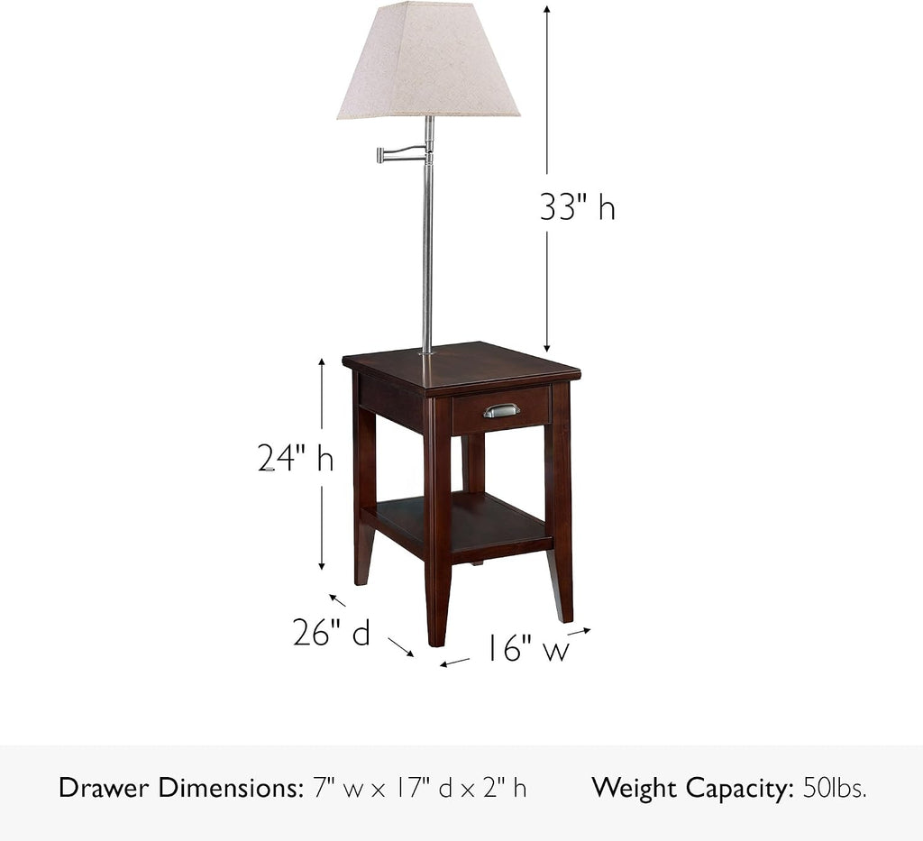 Leick Home Laurent End Table with Lamp, Solid Wood, with Drawer and Shelf, Chocolate Cherry, 10537