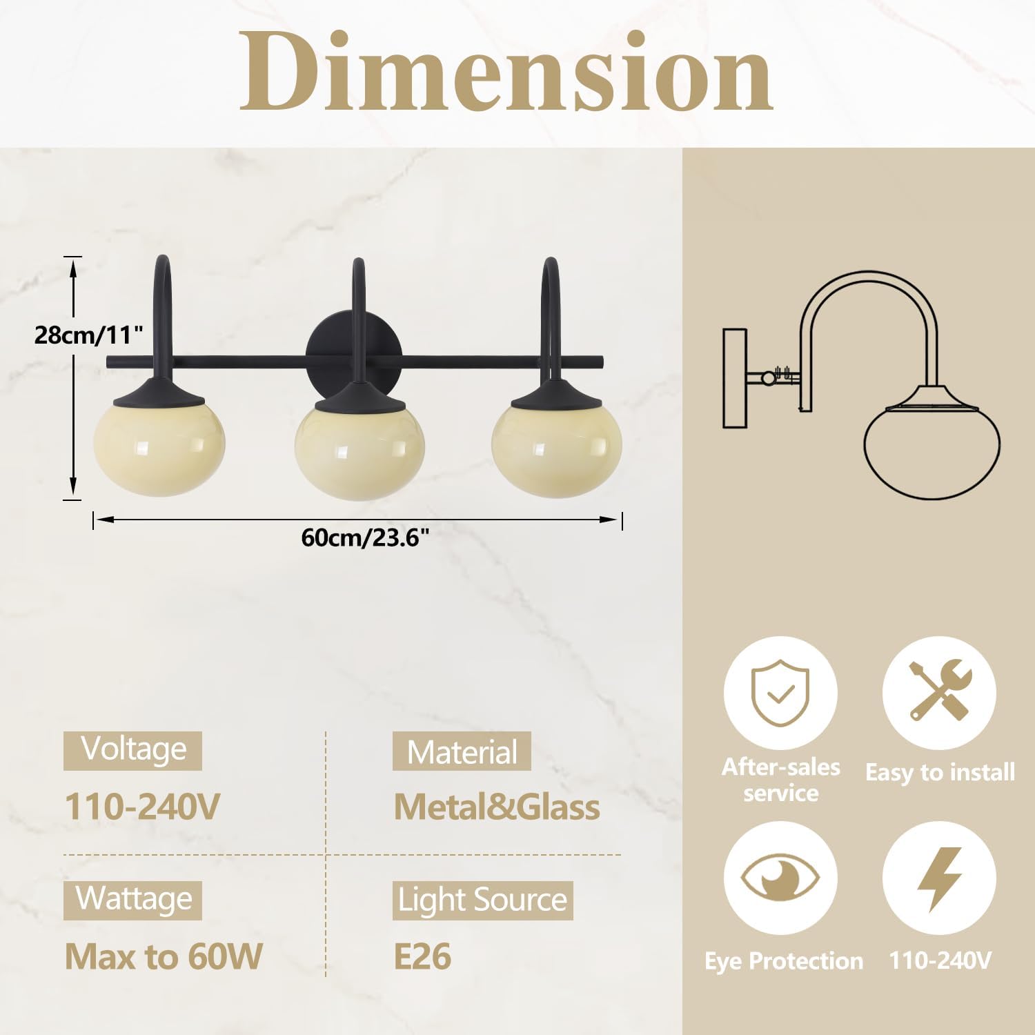 BOKT Black Bathroom Vanity Light Bathroom Wall Lights Over Mirror Farmhouse Globe Wall Sconce Lighting Vintage Cream Yellow Glass Shade Vanity Light E26 Base Restroom Lighting Fixtures
