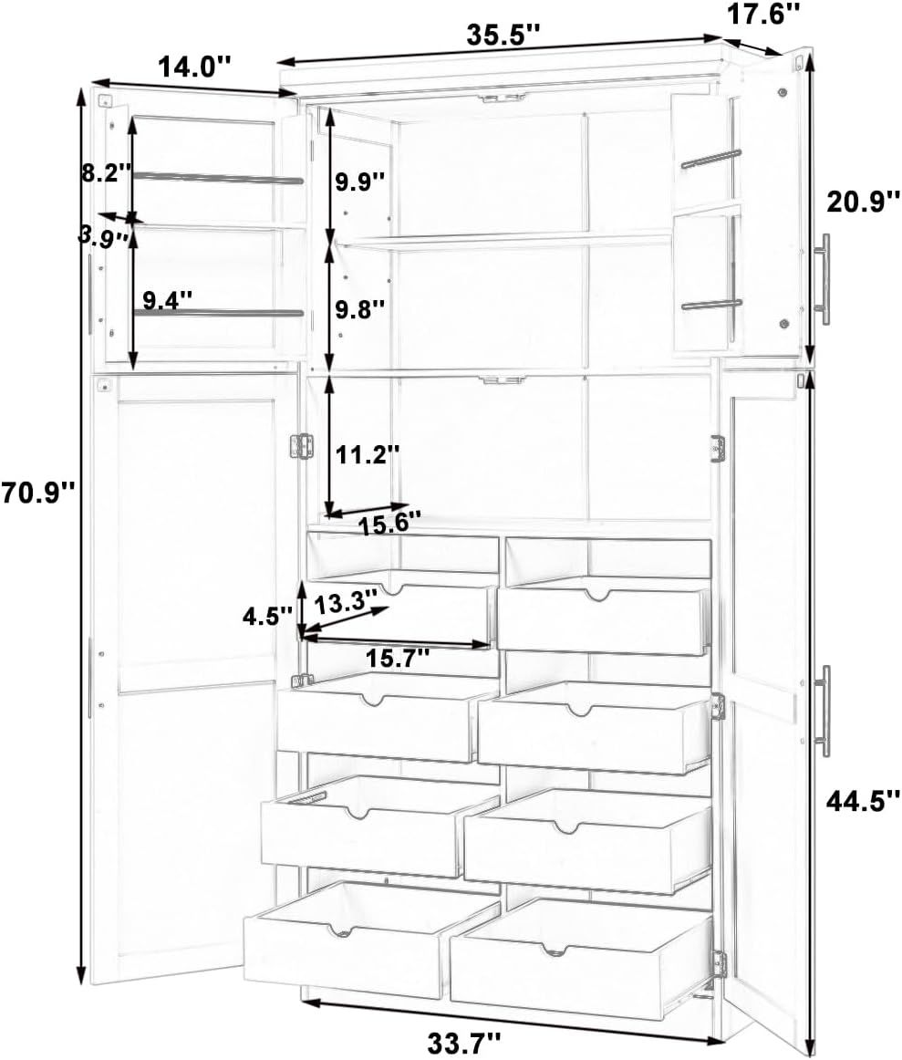 Merax 35.5x17.6x70.9 inches Freestanding Kitchen Pantry Cabinet, Tall Storage Cabinet with 4 Doors, 2 Door Shelves, 8 Pull-Out Trays and Adjustable Shelf for Dining Room, White