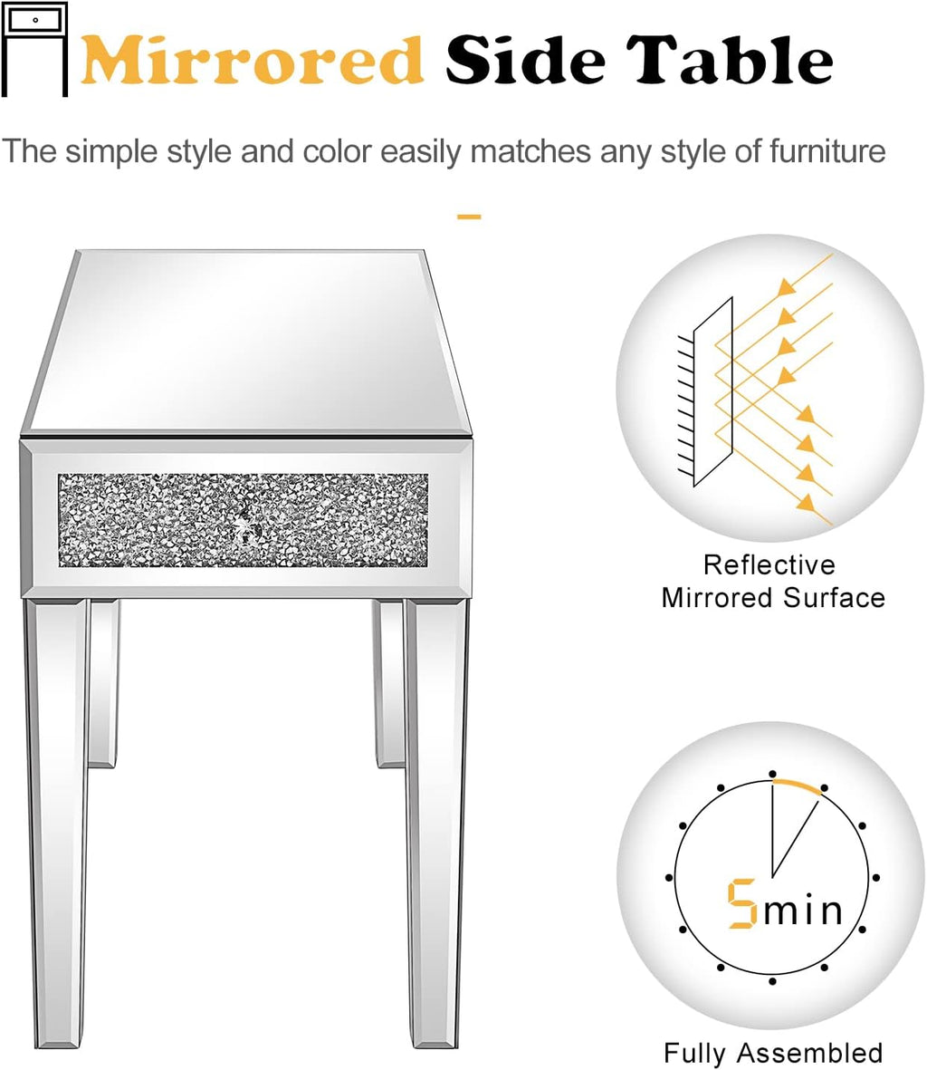VINGLI Mirrored Narrow End Table Small Sofa/Couch/Bed Side Table with Storage Slim Glass Nightstand for Bedroom/Living Room, Silver