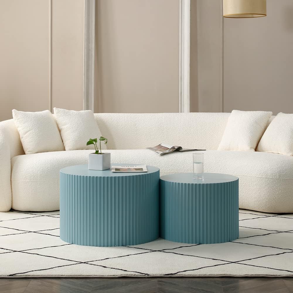 WILLIAMSPACE Nesting Coffee Table Set of 2, Matte Blue Round Wooden Coffee Tables, Modern Luxury Side Tables Accent End Table for Living Room Apartment, 23.62'*23.62'*15.75'H (Blue-Round)