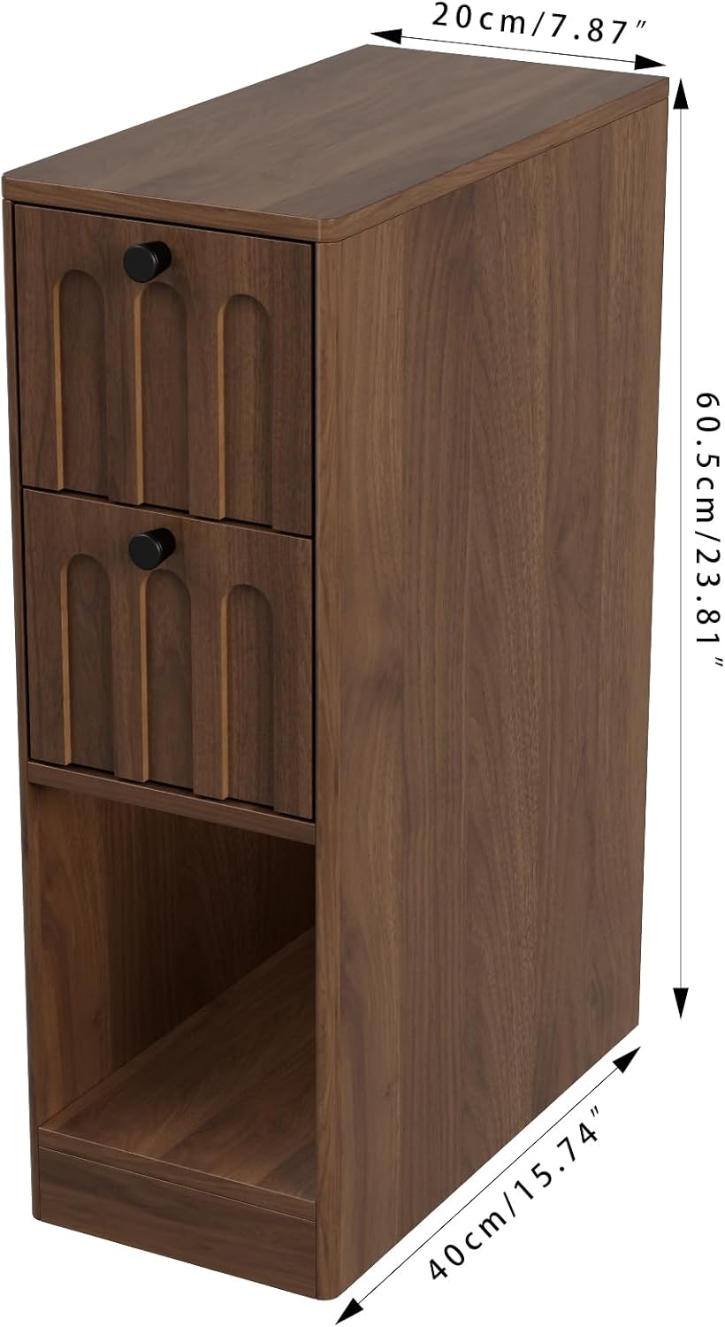 Narrow Walnut Nightstand Set of 2, Small Bedside Table with Arched Drawer, Wood Nightstand, Skinny Side End Table, Mid Century Modern Night Stand for Bedroom, Small Spaces, Slim, Vintage