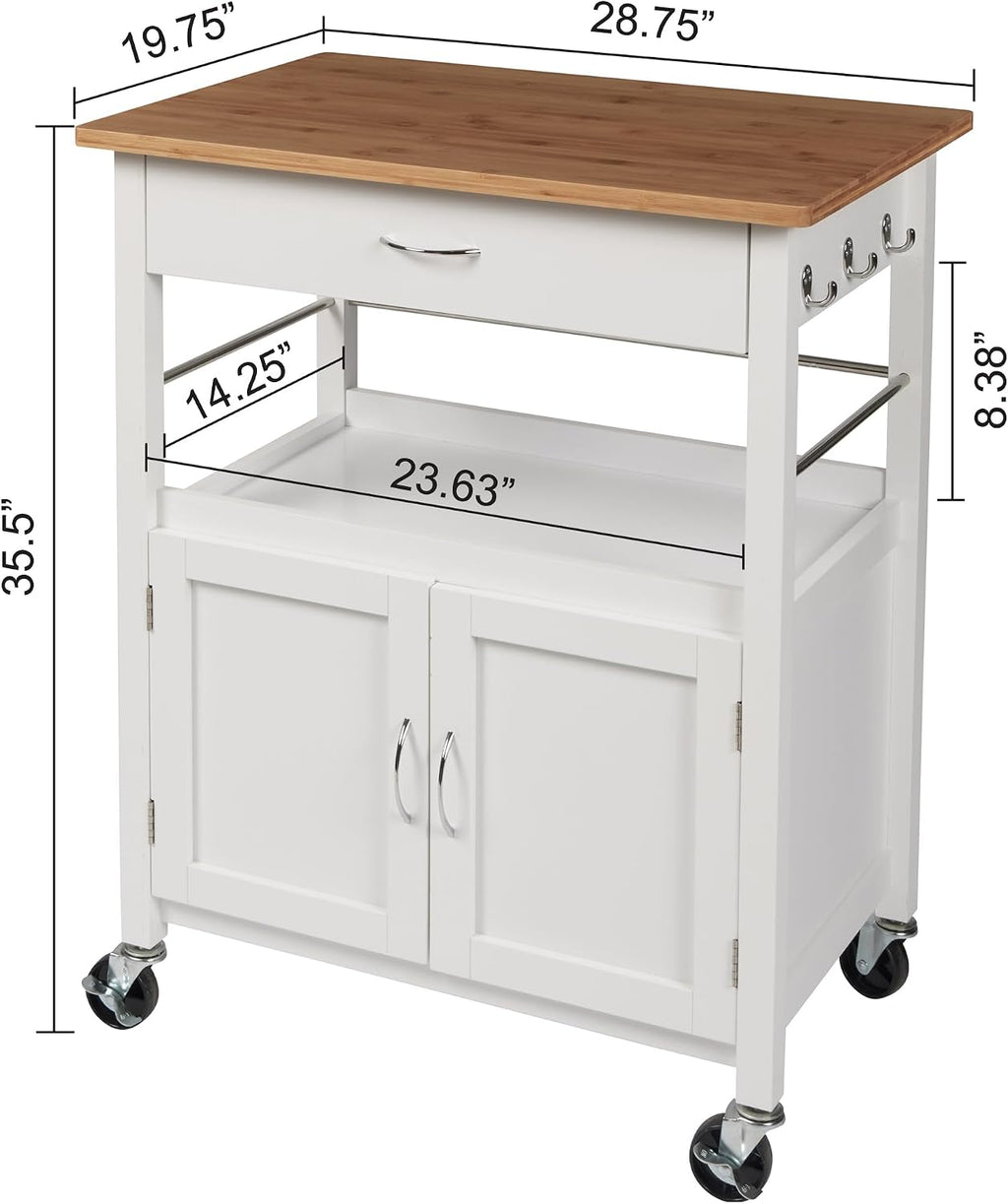 eHemco Kitchen Island Cart on Wheels with Drawer, Storage Cabinet, Shelf and Natural Bamboo Top Butcher Block, White Base | Drawer, Storage Cabinet, Shelf, Butcher Block