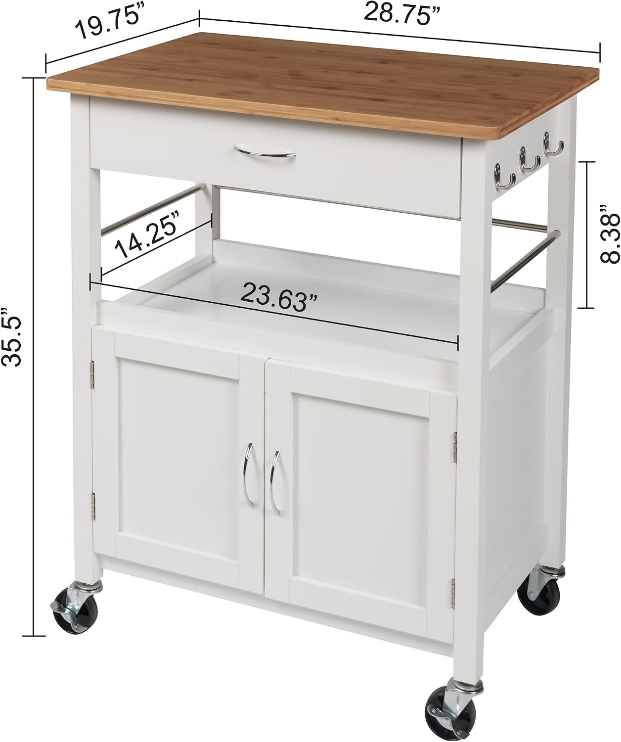 eHemco Kitchen Island Cart on Wheels with Drawer, Storage Cabinet, Shelf and Natural Bamboo Top Butcher Block, White Base | Drawer, Storage Cabinet, Shelf, Butcher Block
