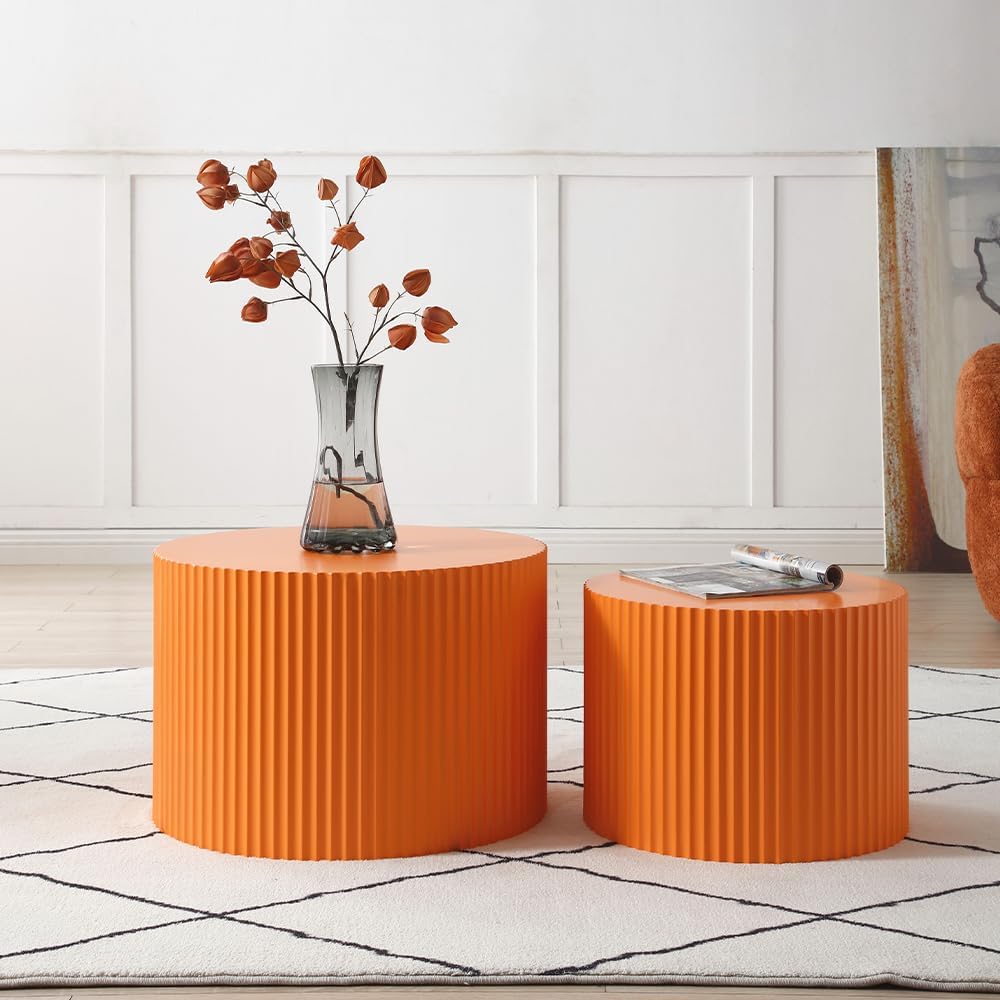 WILLIAMSPACE Nesting Coffee Table Set of 2, Matte Orange Round Wooden Coffee Tables, Modern Luxury Side Tables Accent End Table for Living Room Apartment, 23.62'*23.62'*15.75'H (Orange,Round)