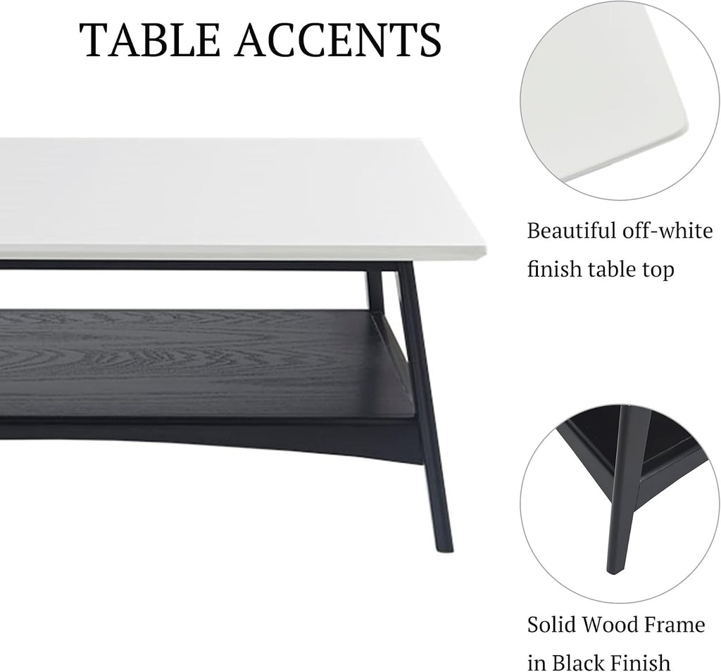 Madison Park Coffee Table with Storage Shelf, Rectangular Table for Living Room, Solid Wood Frame & Legs Accent Furniture for Living Room, Minimalist Décor - 48' W x 24' D x 17' H Off-White/Black