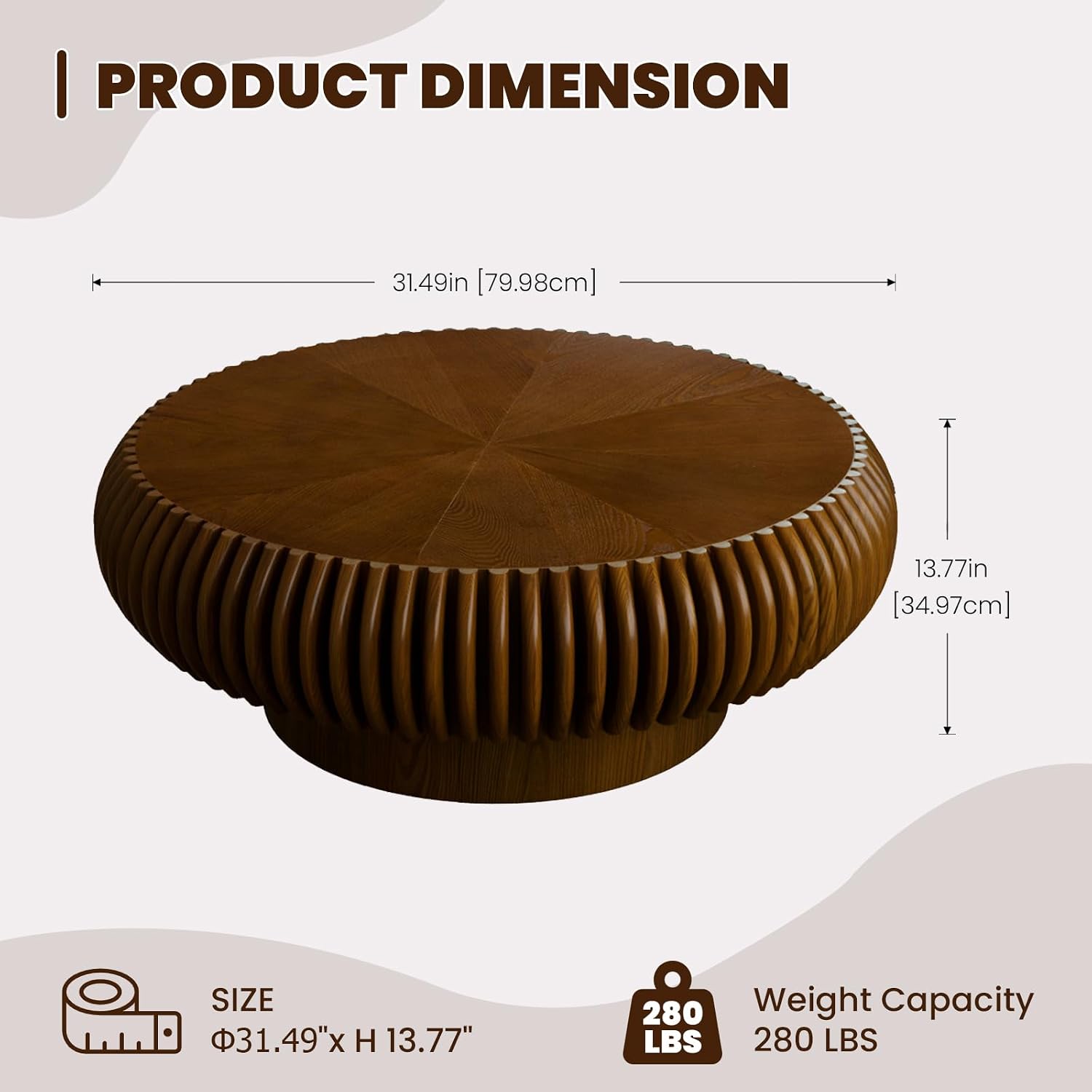 Round Drum Coffee Table for Living Room, Mid Century Modern Coffee Table with Sturdy Pedestal, Farmhouse Fluted Circle Center Table Accent Tea Table for Apartment (31.5' Walnut)