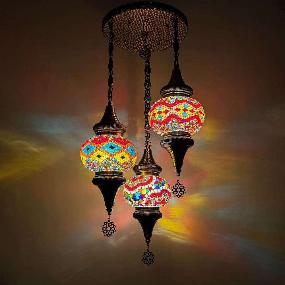 Turkish Mosaic 3 Globes Chandelier, Bohemian Moroccan Bronze Plating Red White Blue Green Shade Ceiling Hanging Lamp Kitchen Light for Bedroom, Cafe, Living Room, Entry,Red