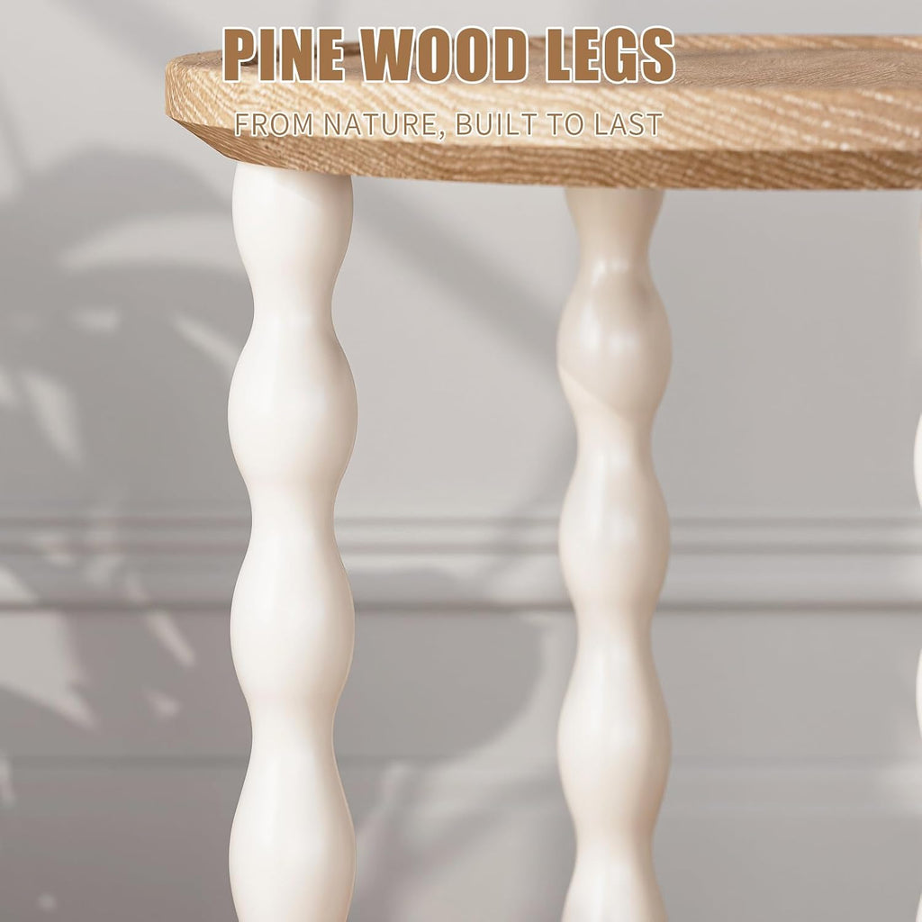 Round End Table, 2-Tier Farmhouse End Table, 18.5'' Handcrafted Weathered Look Wooden Nightstand, Pine Leg, Small Side Tables for Living Room, Small Space, Bedroom, Boho, Easy Assembly, Cream Beige