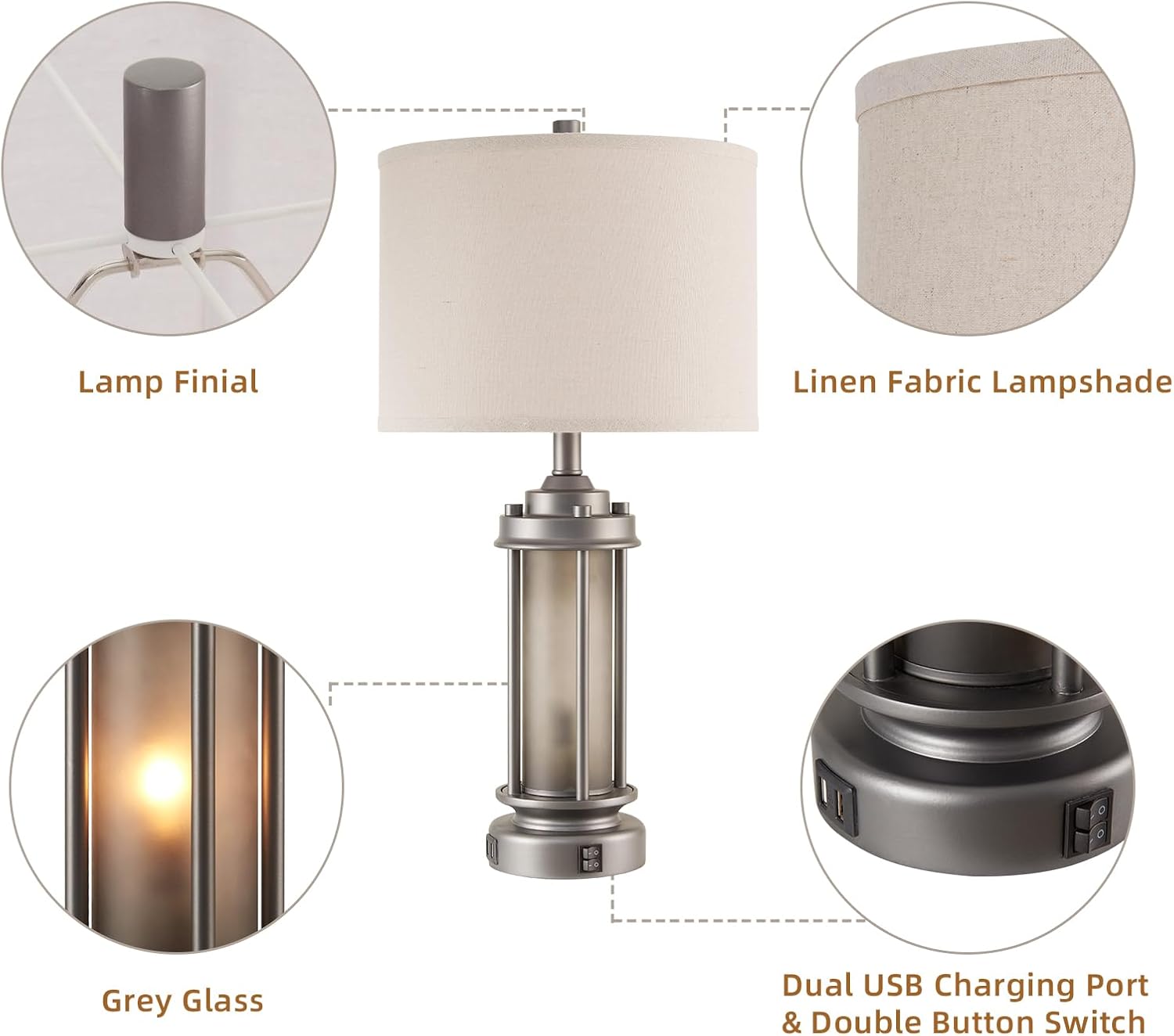 AIEAMPDO Industrial Metal Table Lamps Set of 2 Living Room Bedroom, 2 USB Ports Bedside Lamp with Glass Nightlight, Modern Desk Lamp for Entryway Office End Table, 4 Bulbs Included