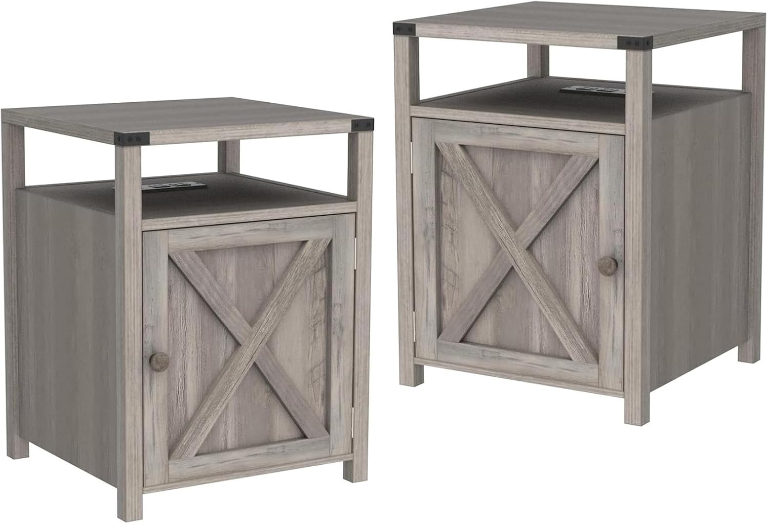 Farmhouse Nightstand Set of 2 with Charging Station, Rustic End Table Bedroom with Storage Living Room Side Table Dark Oak Night Stand Industrial Bedside Bed Table with USB Ports and Outlets