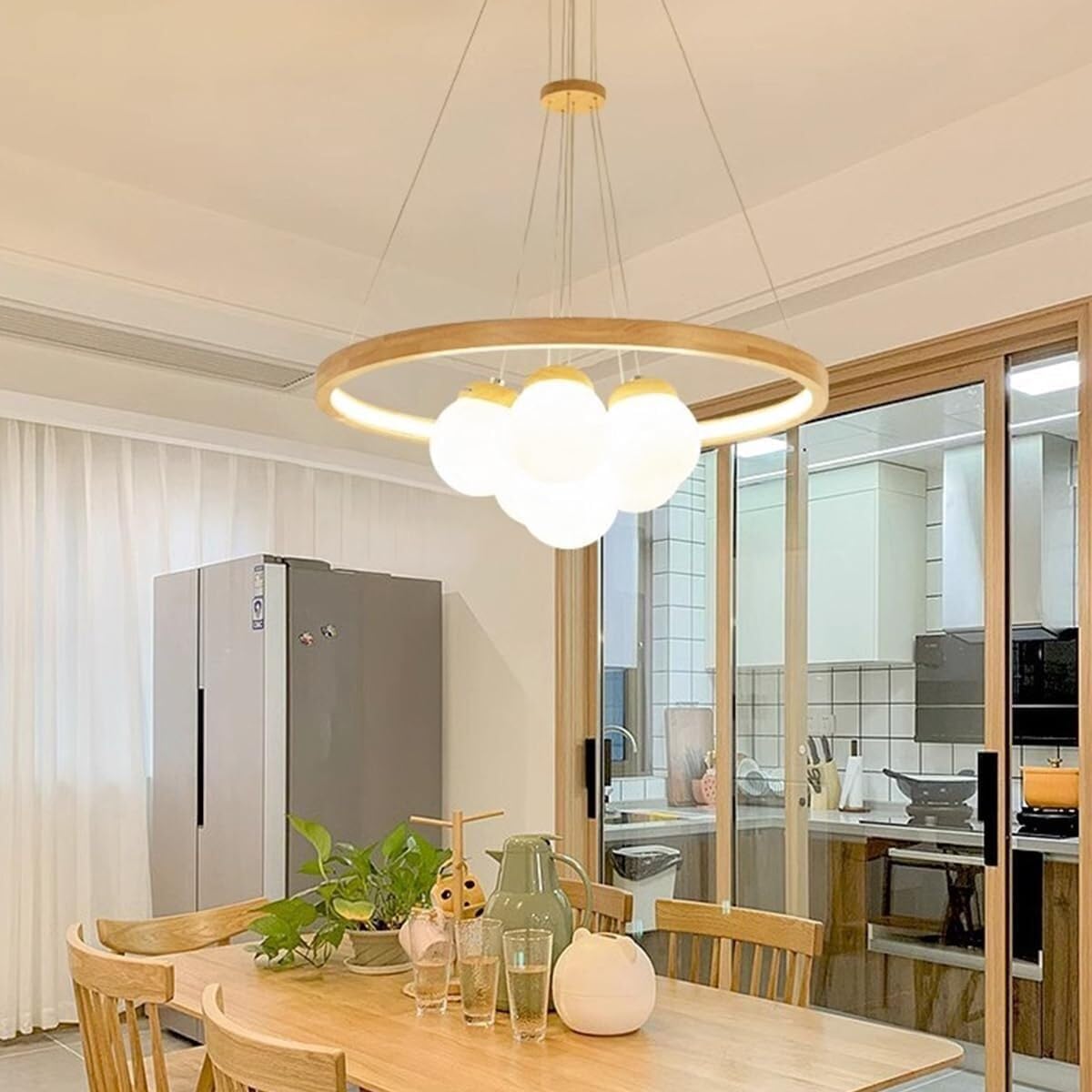 Ceiling Light Bedroom Wood Ring+3/6 Lights Adjustable LED Ceiling Hanging Lamp White Globe Shade Chandelier Hanging Light Kitchen Island Hotel Pendant Lamp Fixture for Living Room