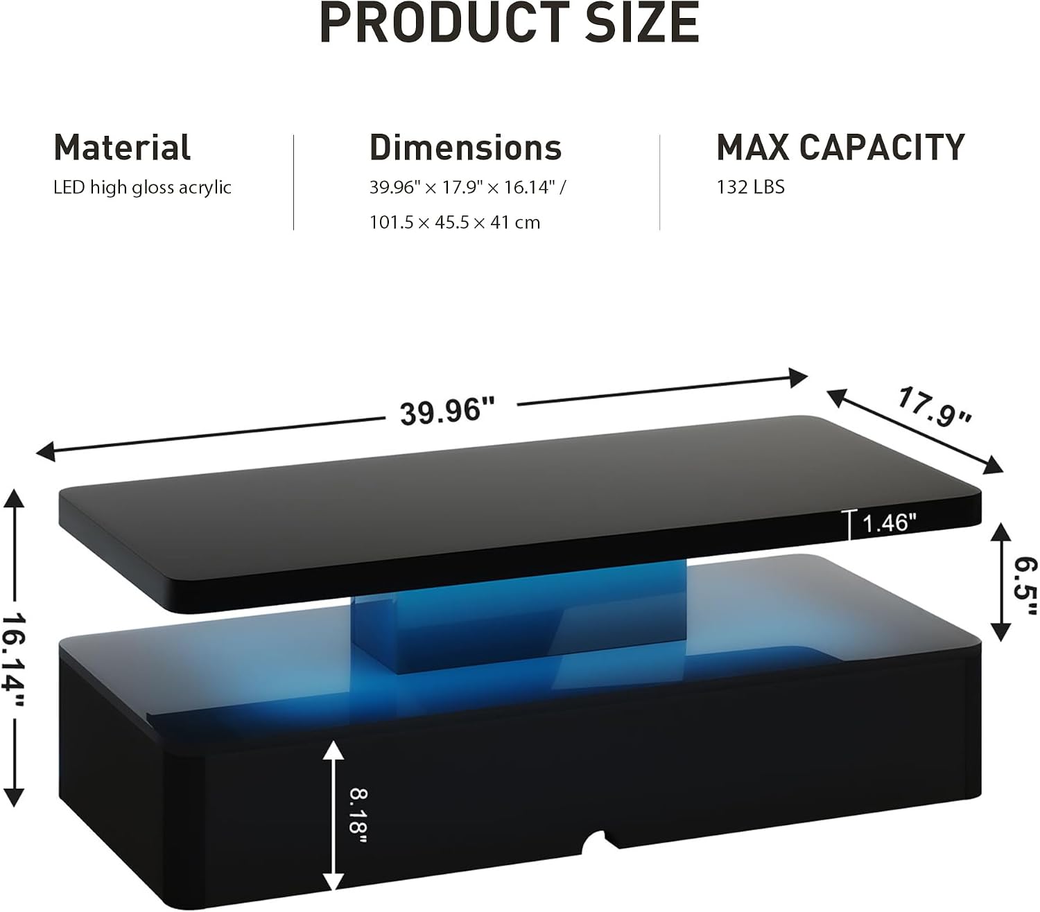 40' Modern Coffee Table with 16 Colors LED Lights, 2 Tier Rectangular Center Table with Large Storage Space, Stylish High Glossy Wooden Tea Tables for Living Room, Bedroom, Home Office, Black