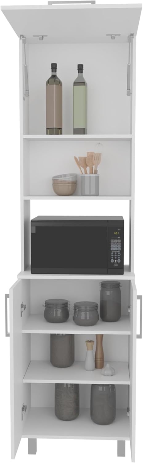 Tuhome Bombona Tall Kitchen Pantry Cabinet, 80.3' High Freestanding Pantry Storage with 6 Shelves, Open Appliance Station & Pull-Up Gas Spring Hutch Door, White