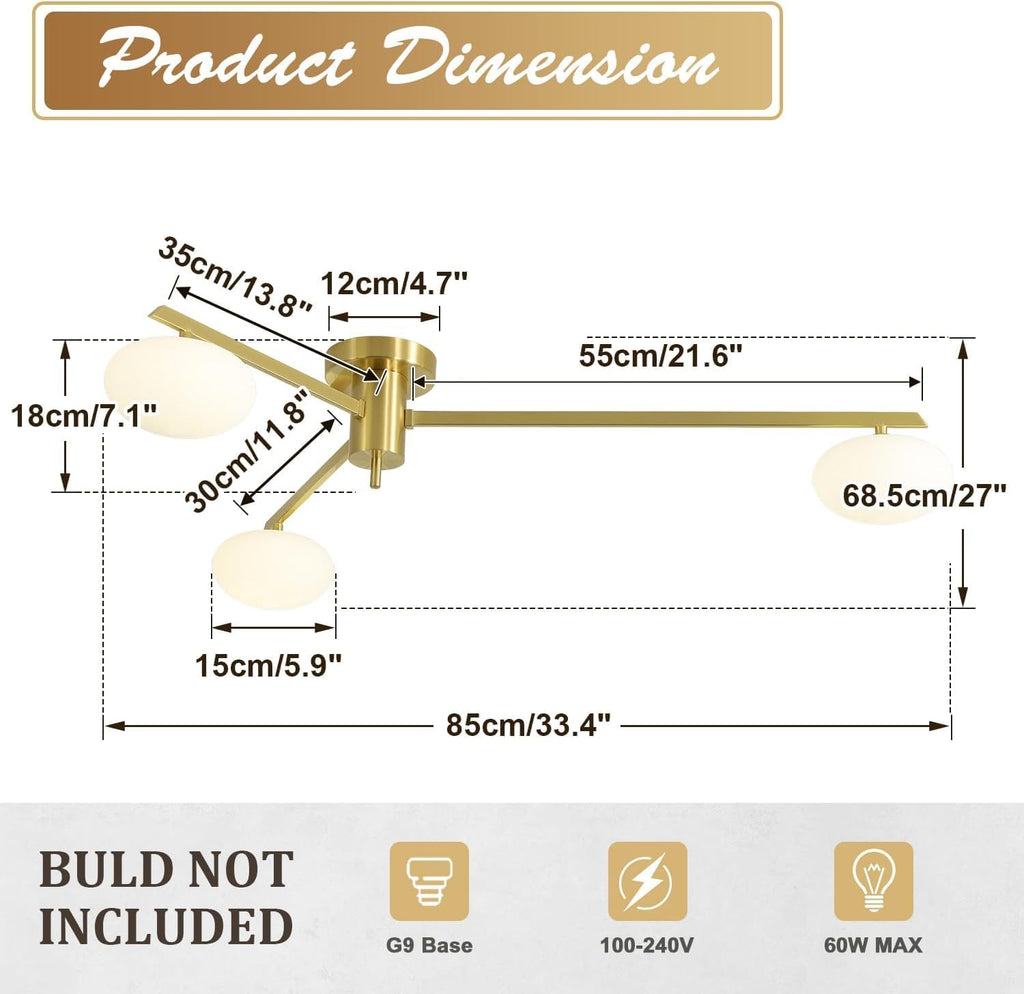 3-Light Gold Sputnik Ceiling Light Fixture,with Opal Glass Shade | low ceiling gold chandelier, dining room bedroom foyer, warm ambient lighting, easy DIY install, mid-century style