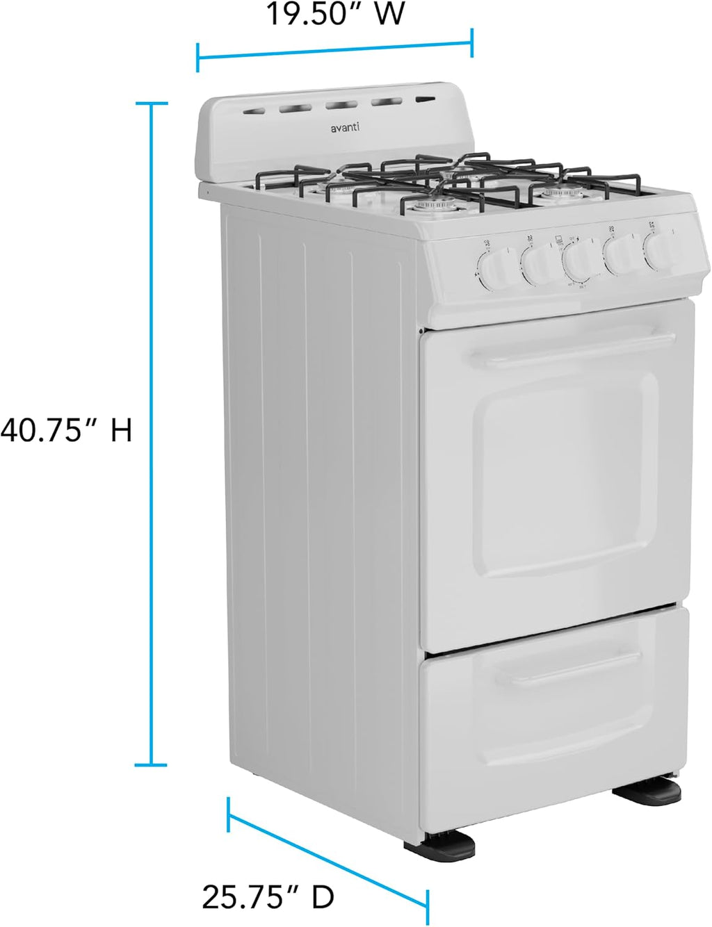 Avanti Gas Range Oven, Compact Freestanding Design, 4 Burners with Electronic Ignition, 2.1 Cu.Ft. Capacity Features Solid Door Storage Drawer Broiler and Accessories, 20-Inch, White
