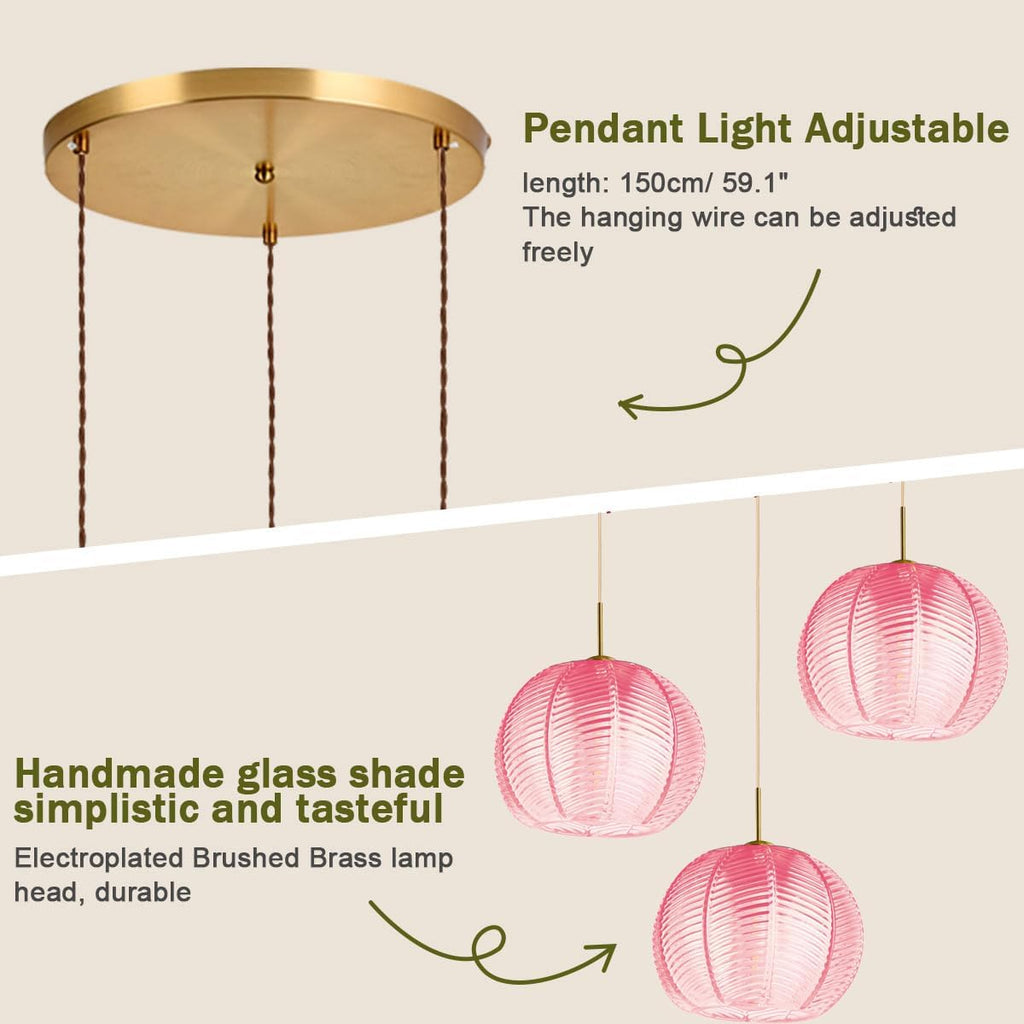 Cluster Chandelier 3-Lights Gold Pink Pendant Light Fixtures Glass Globe Chandeliers Dining Room Classic Glass Ball 8.6' Shade Adjustable Height Mid Century Modern Chandelier
