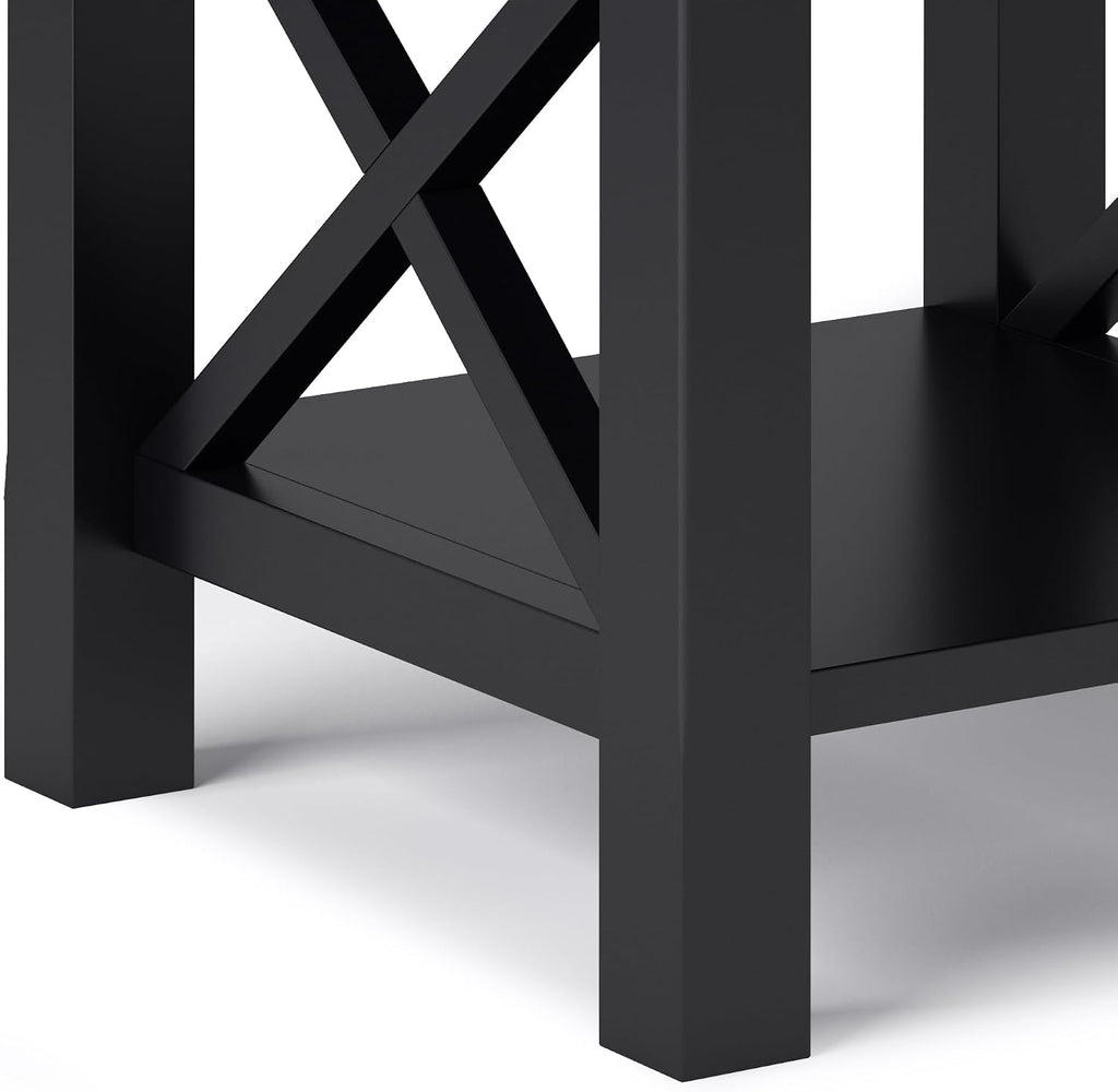SIMPLIHOME Kitchener End Table - 21 inch Wide Solid Wood Square Accent Table with Drawer and Open Shelf in Black, Contemporary Nightstand or Lamp Stand with X-Design for Living Room or Bedroom