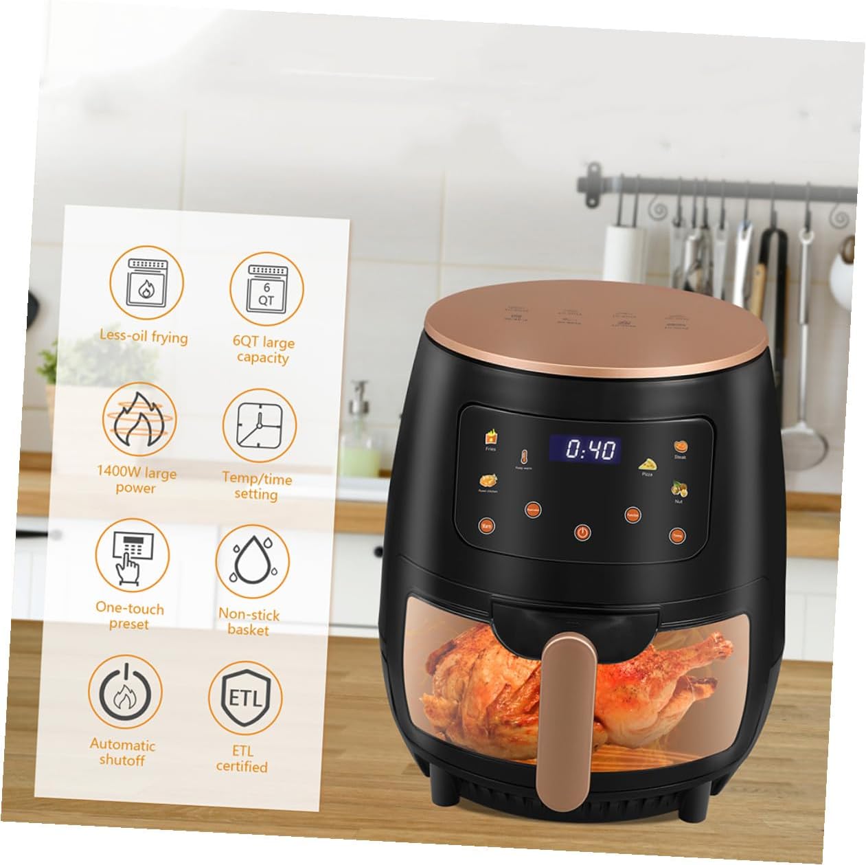 Large Capacity Electric Hot Air Fryer Oven for Healthy Cooking Multi-functional with Overheat Protection Monitoring Automatic Power-off Stylish Black Design for Home and Family Use