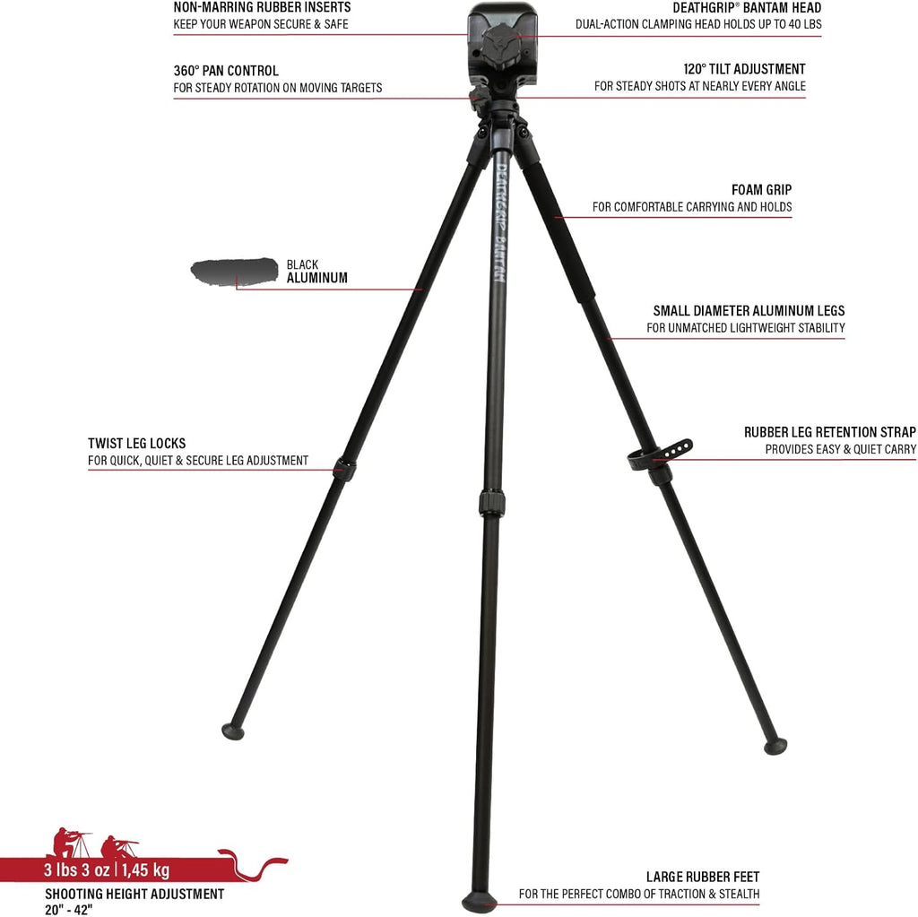 BOG DeathGrip Aluminum Tripod with Durable Frame, Lightweight, Stable Design, Bubble Level, Adjustable Legs, Shooting Rest, and Hands-Free Operation for Hunting, Shooting, and Outdoors