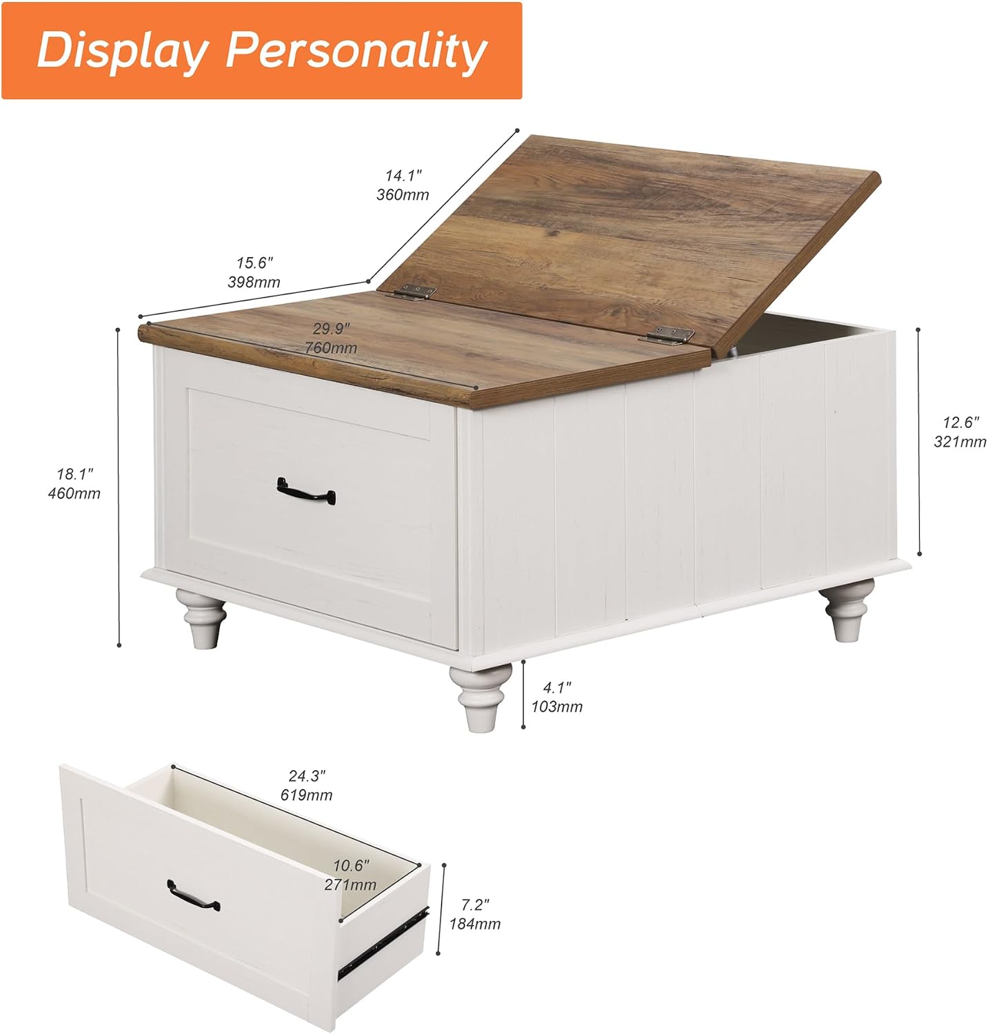 WAMPAT White Coffee Table with Lift Top & Drawer, Square Center Table with Hidden Storage Compartment, Farmhouse Wood Coffee Table for Living Room, 30 Inch