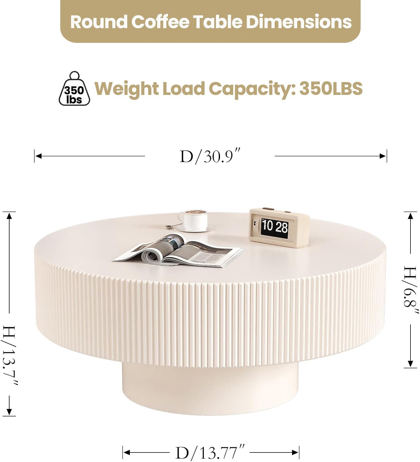Modern Fluted Round Coffee Table - Handcraft Wooden Drum Coffee Tables with Sturdy Base, Circle Coffee Table Center Tea Table for Living Room Office Apartment Small Space, Easy Assembly(White 30.9')