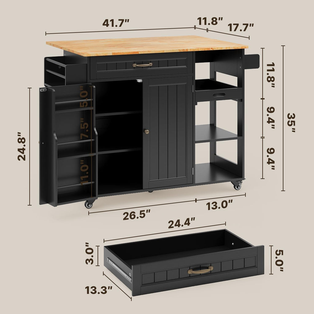 Gizoon Kitchen Island with Storage, Kitchen Island with Drop Leaf, 41.7''W Rolling Dining Cart, Foldable Countertop, 5 Wheels, Refrigerator Door, Adjustable Shelves, Spice/Towel Rack, Black