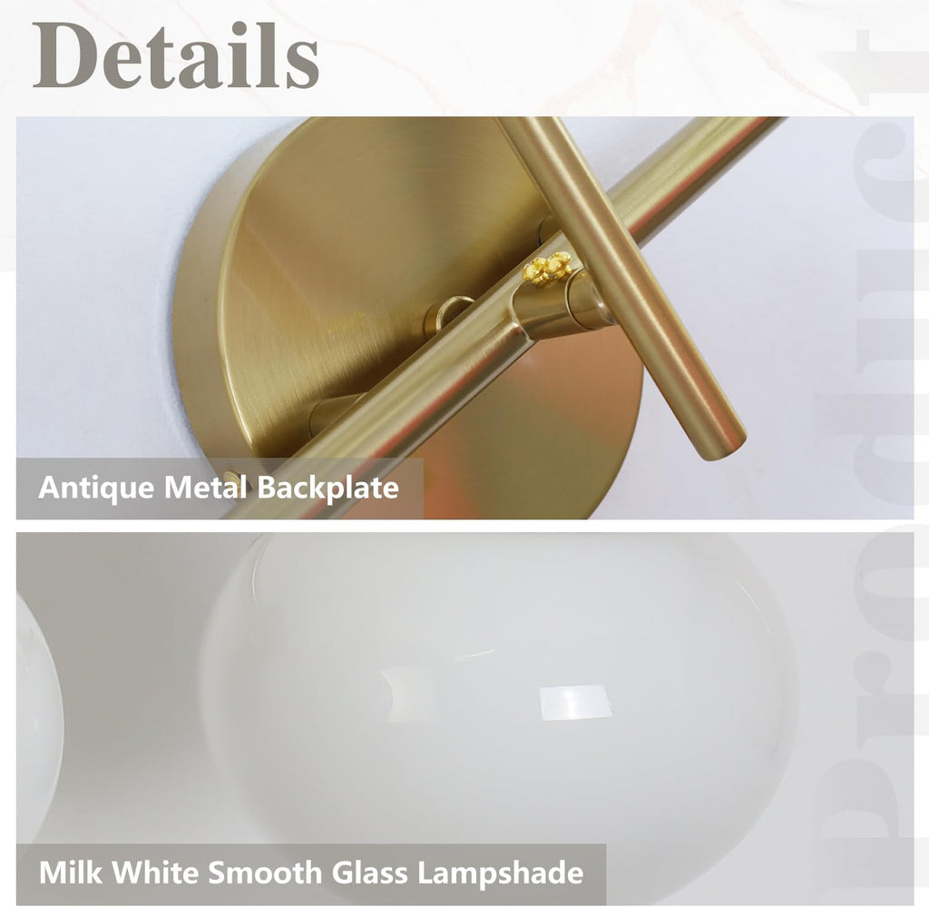 BOKT Modern Vanity Light Fixtures Mid Century 3-Light Bathroom Vanity Lights Fixtures Over Mirror with Milk White Glass Globe Shade Gold Wall Sconce for Living Room Dressing Table