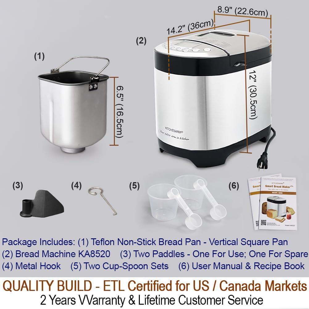 KITCHENARM 29-in-1 SMART Bread Machine with Gluten Free Setting 2LB 1.5LB 1LB Bread Maker Machine with Homemade Cycle - Stainless Steel Breadmaker with Recipes Whole Wheat Bread Making Machine