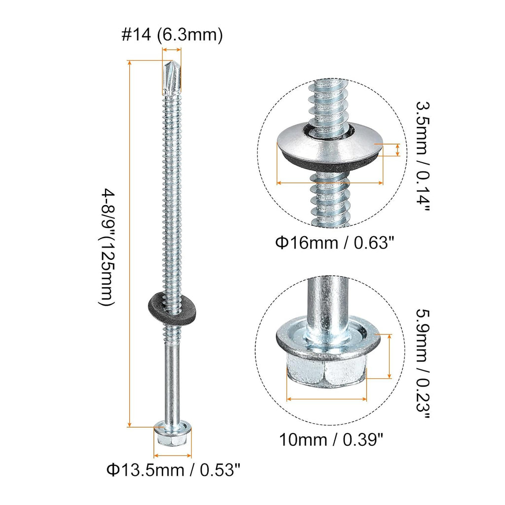 uxcell #14x4-8/9 Self Drilling Screws with Rubber Washer, 200Pcs Zinc Plated Finish Hex Head Self Tapping Screws with EPDM Washer for Metal