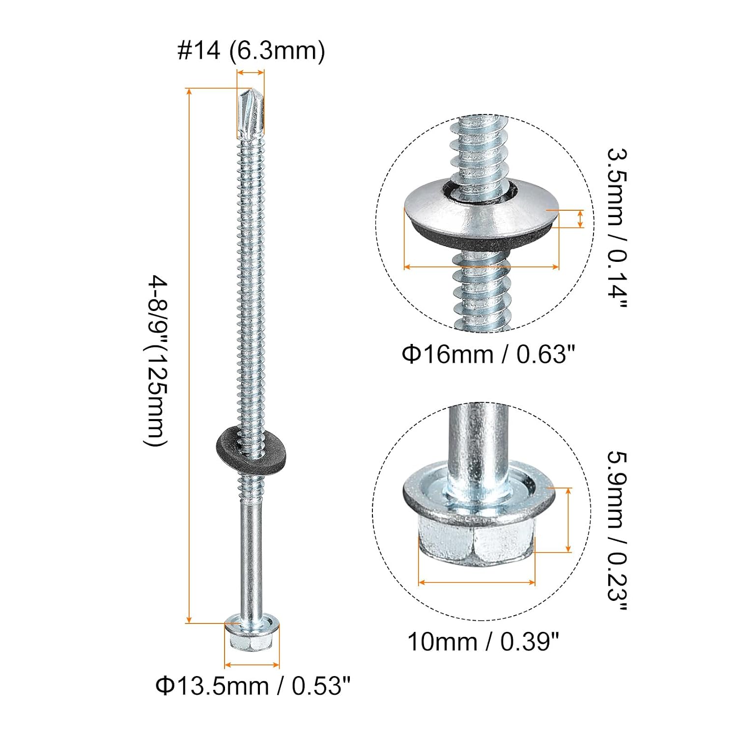 uxcell #14x4-8/9 Self Drilling Screws with Rubber Washer, 200Pcs Zinc Plated Finish Hex Head Self Tapping Screws with EPDM Washer for Metal