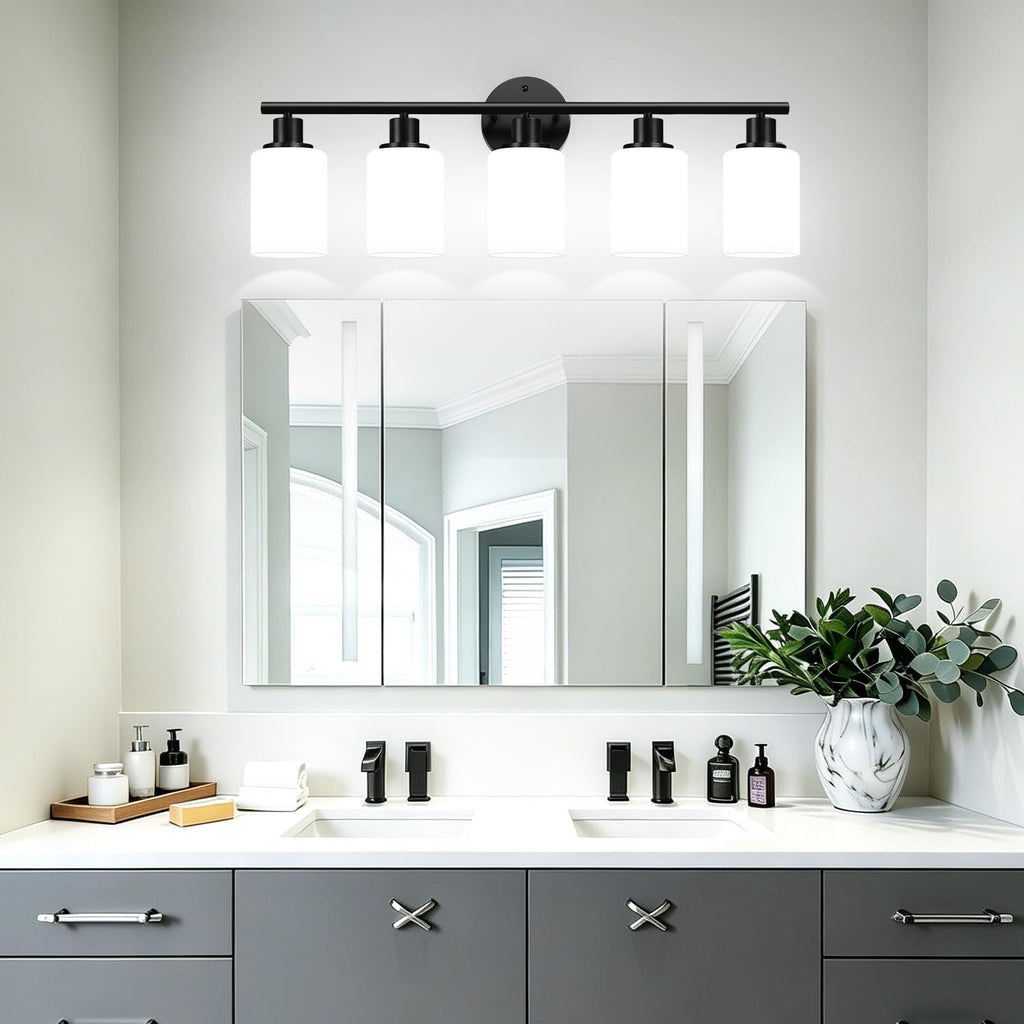 5-Light Bathroom Light Fixtures, Black Modern Vanity Lights with Milky White Frosted Glass Shades, Bathroom Wall Lamp, Clear Glass Shade, for Mirror, Living Room, Kitchen, Hallway, Cabinet, Porch