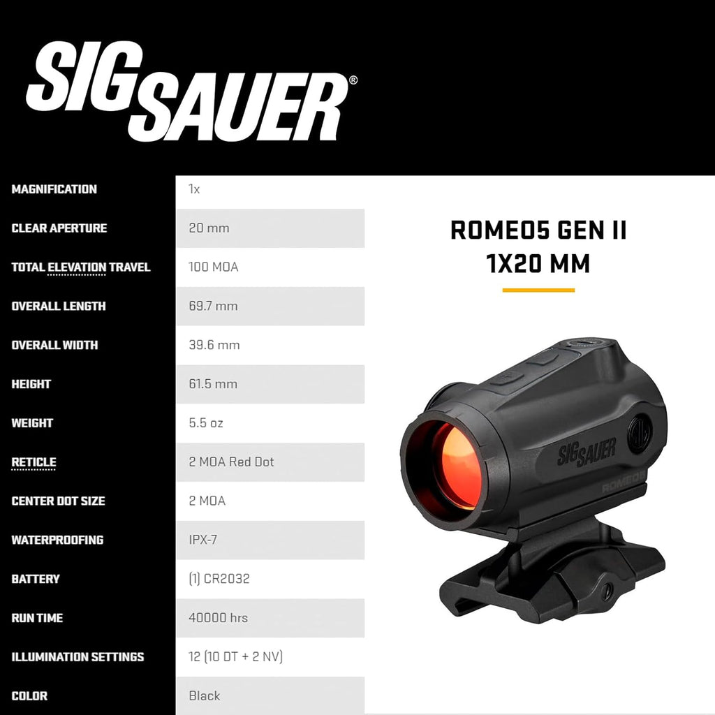SIG SAUER ROMEO5 GEN I & GEN II 2 MOA Dot Sight - 1x20mm Compact Durable IPX-7 Waterproof Shooting Rifle Sight with Parallax-Free Optical Design & 12 Illumination Settings