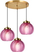 3-Light Purple Glass Pendant Lights - 8.7″ Globe Shade, Hand Blown Glass Hanging Chandelier Cluster Pendant Light Fixtures Adjustable Mid Century Chandeliers Kitchen Island Staircase