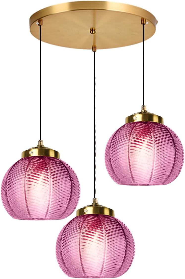 3-Light Purple Glass Pendant Lights - 8.7″ Globe Shade, Hand Blown Glass Hanging Chandelier Cluster Pendant Light Fixtures Adjustable Mid Century Chandeliers Kitchen Island Staircase