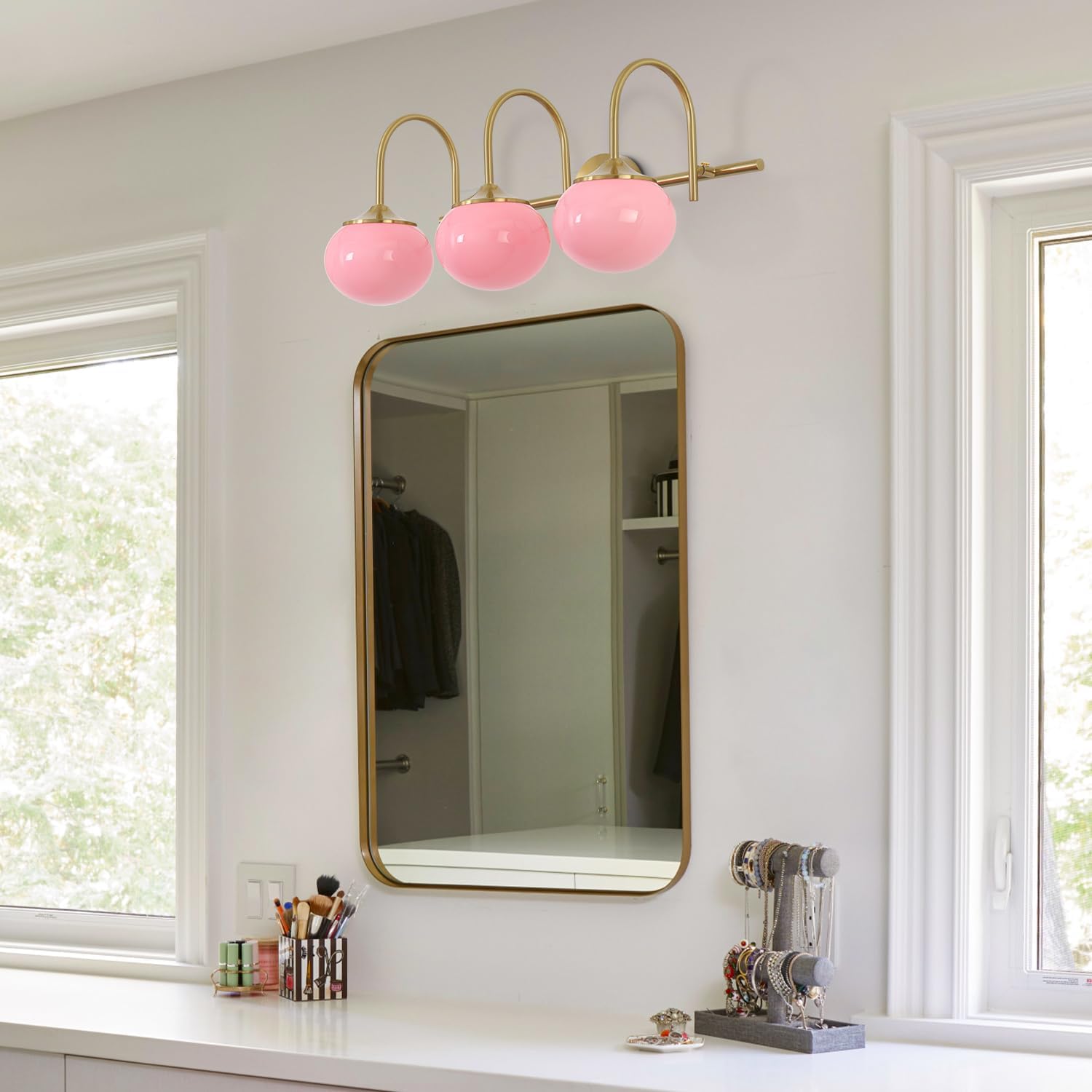 BOKT Gold Bathroom Light Fixture Pink Glass Ball Shades 3-Lights Vintage Vanity Lights Over Mirror E26 Base Modern Wall Sconces Bathroom Wall Lamp for Hallway Bedroom