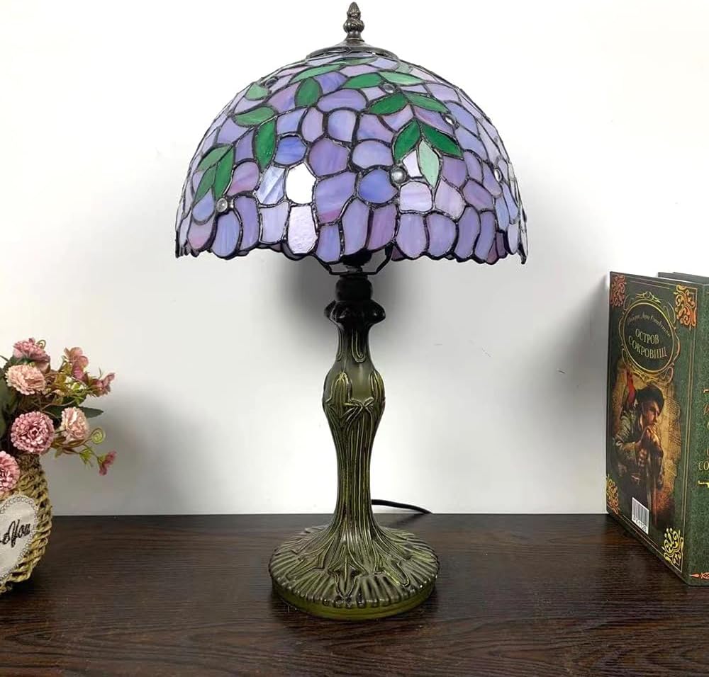 Blue Purple Stained Glass Lampshade Replacement, Tiffany Style Vintage Pastoral Green Leaves White Beads Shade for Table Lamp, Ceiling Pendant Light, Chandelier, Floor Lamp,Purple,16inch