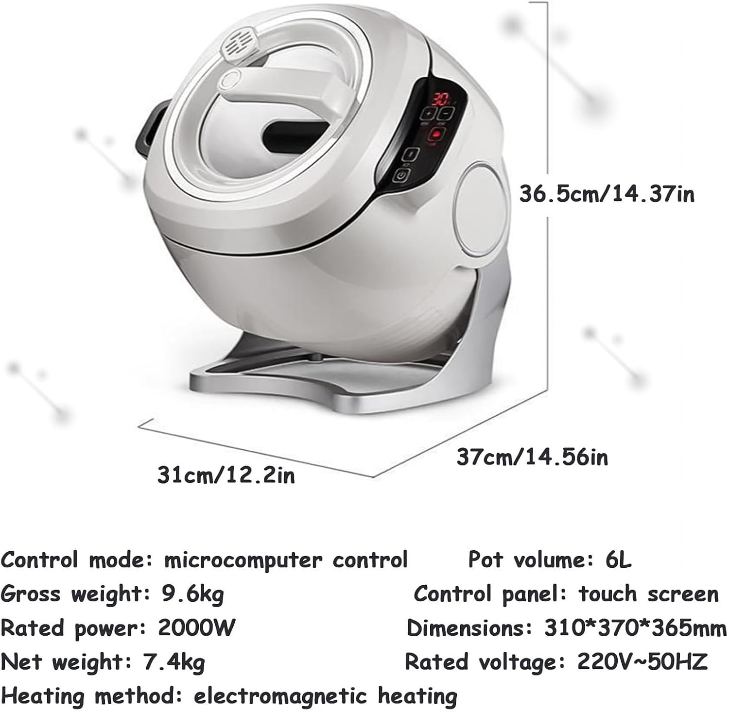 2000W Commercial Food Processor & Automatic Cooker - 6L Stainless Steel Pot with 360° Rotation, 3D Heating & 3 Speed Modes for Stir Frying/Soup/Rice, Home & Restaurant Kitchen Appliance