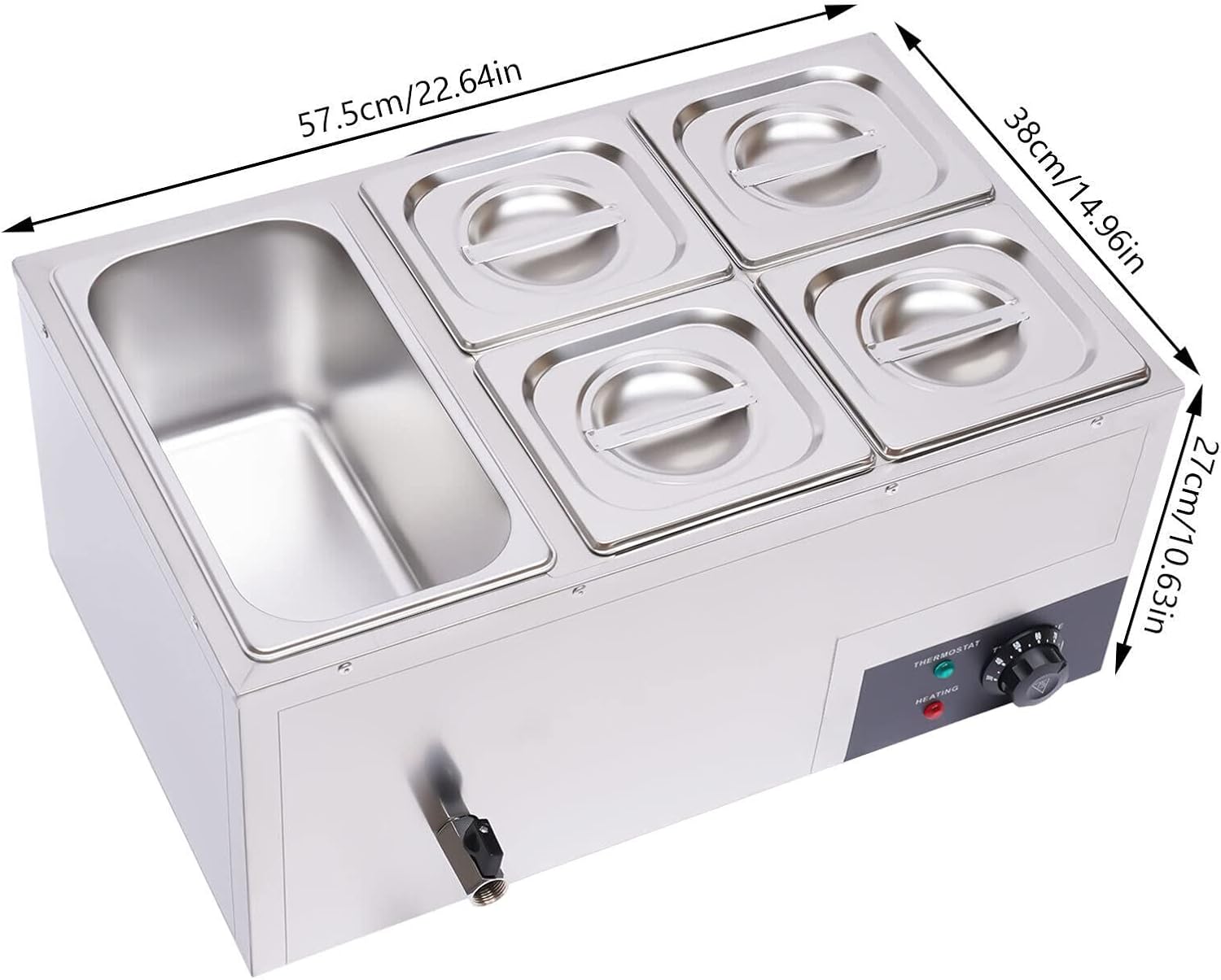 Commercial Bain Marie Food Warmer 5-Pan 600W Electric Countertop Food Warmer 20.2Qt(19L) Large Capacity Stainless Steel Steam Table for Restaurants, Snack Bars, Catering, Buffets
