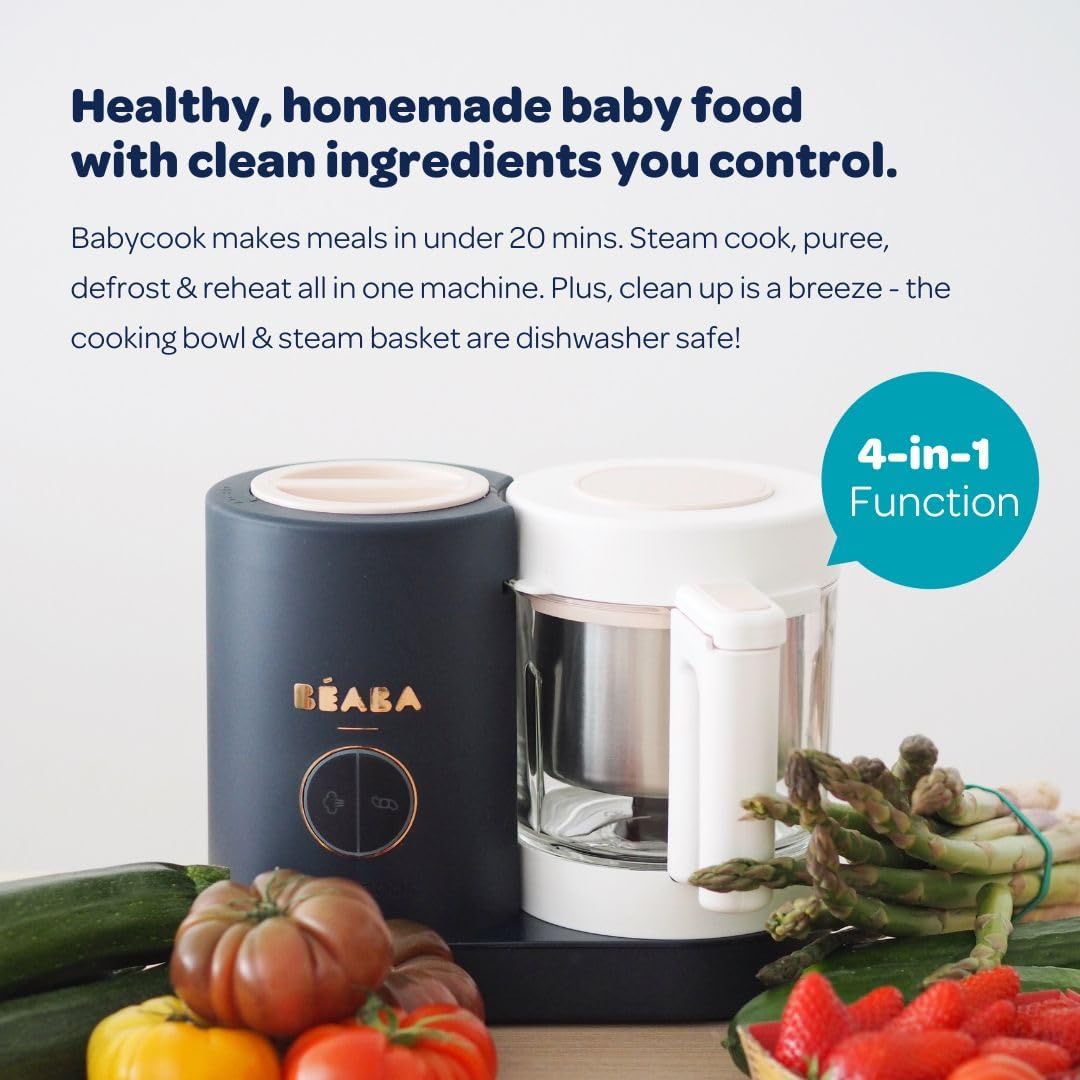 BEABA Babycook Neo, Baby Food Maker, Glass Bowl Baby Food Processor, 4 in 1 Steam Cook & Blender, Stainless Steel Steam Basket, Easy Clean Reservoir, 5.5 Cup Capacity, Eucalyptus