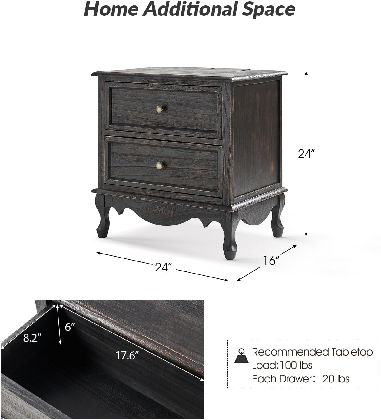 HULALA HOME Solid Wood End Table with Charging Station Space, Vintage Endtable with Wood Legs and 2 Drawers, French Side Table for Living Room, Charcoal